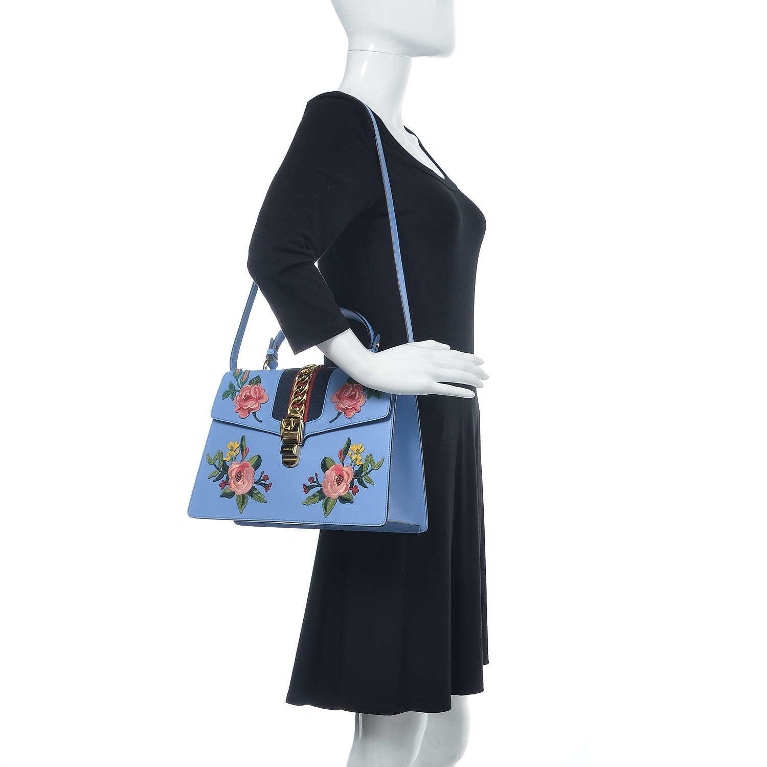 GUCCI Calfskin Embroidered Medium Sylvie Top Handle Bag Light Blue ...
