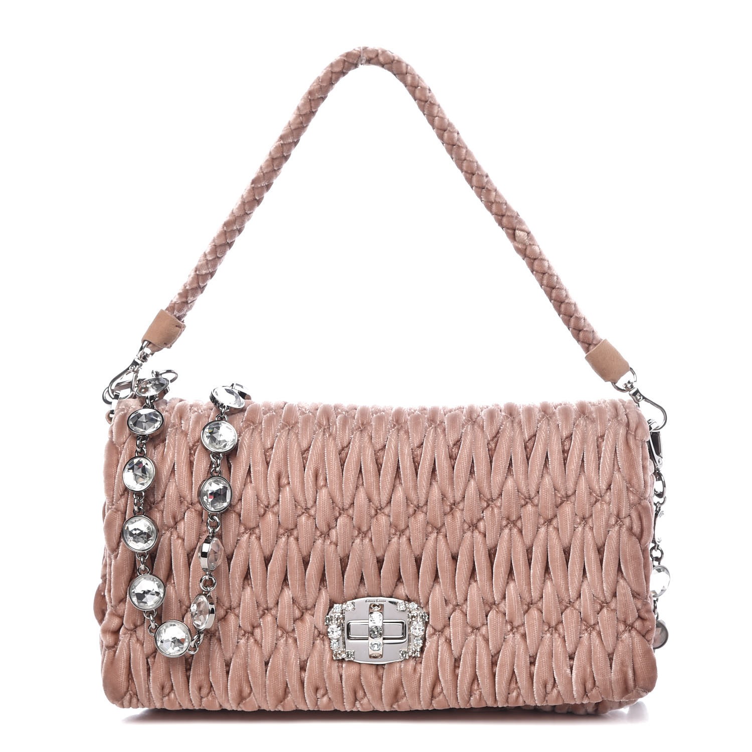 Miu Velluto Matelasse Crystal Chain Shoulder Bag Cammeo