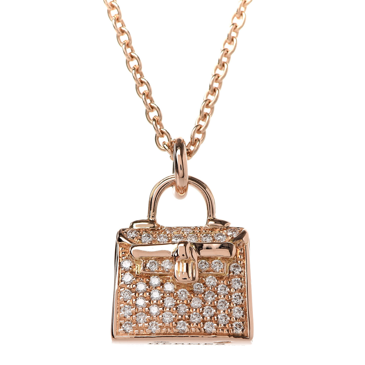 HERMES 18K Rose Gold Diamond Kelly Amulette Pendant Necklace 434772