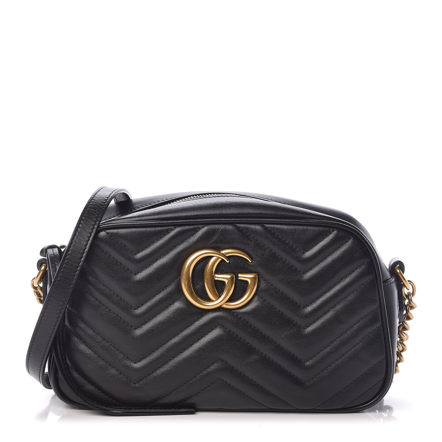GUCCI Calfskin Matelasse Small GG Marmont Chain Shoulder Bag Black 462346