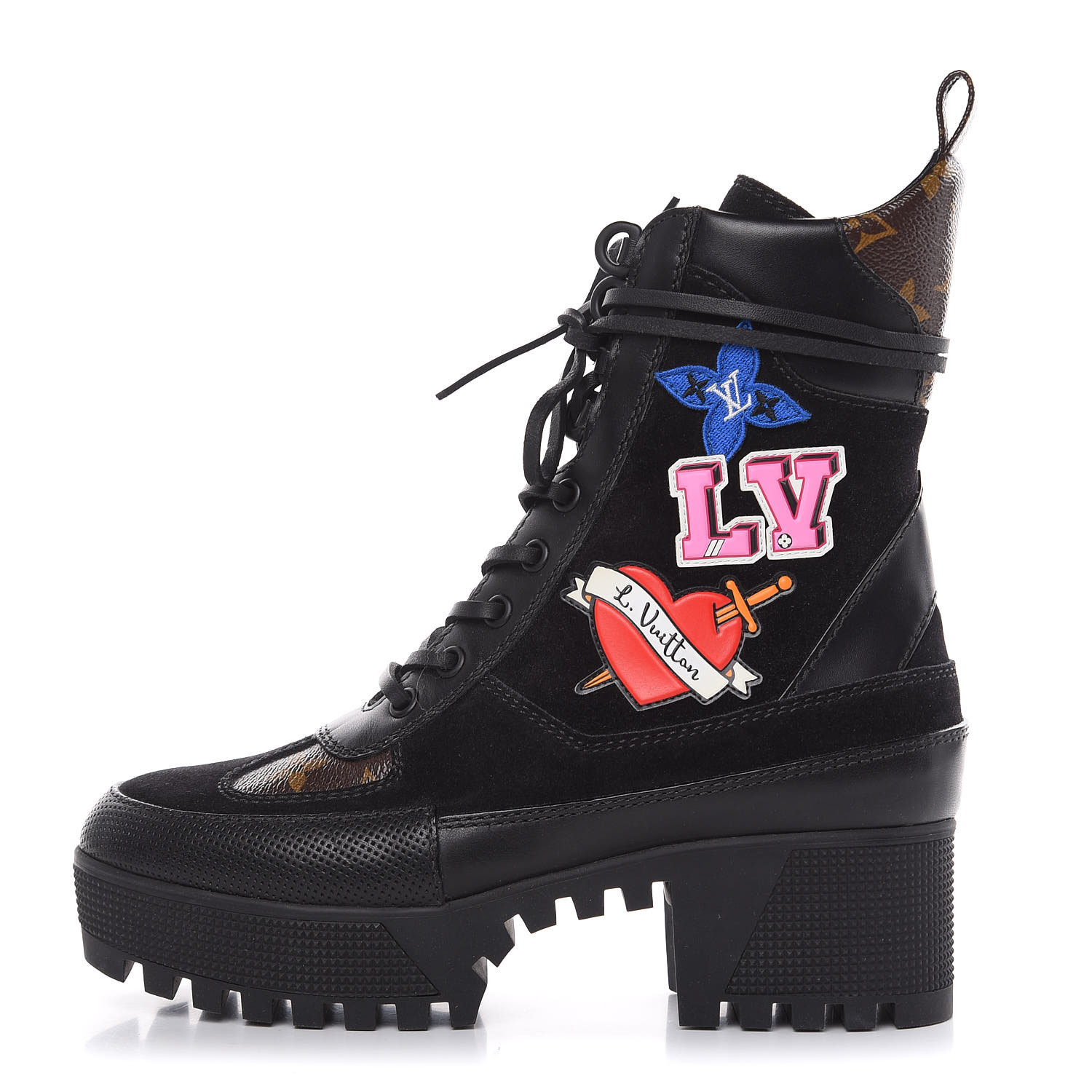 LOUIS VUITTON Monogram Suede Calfskin Womens LV Black Heart Platform Desert Boots 36 Black 462315