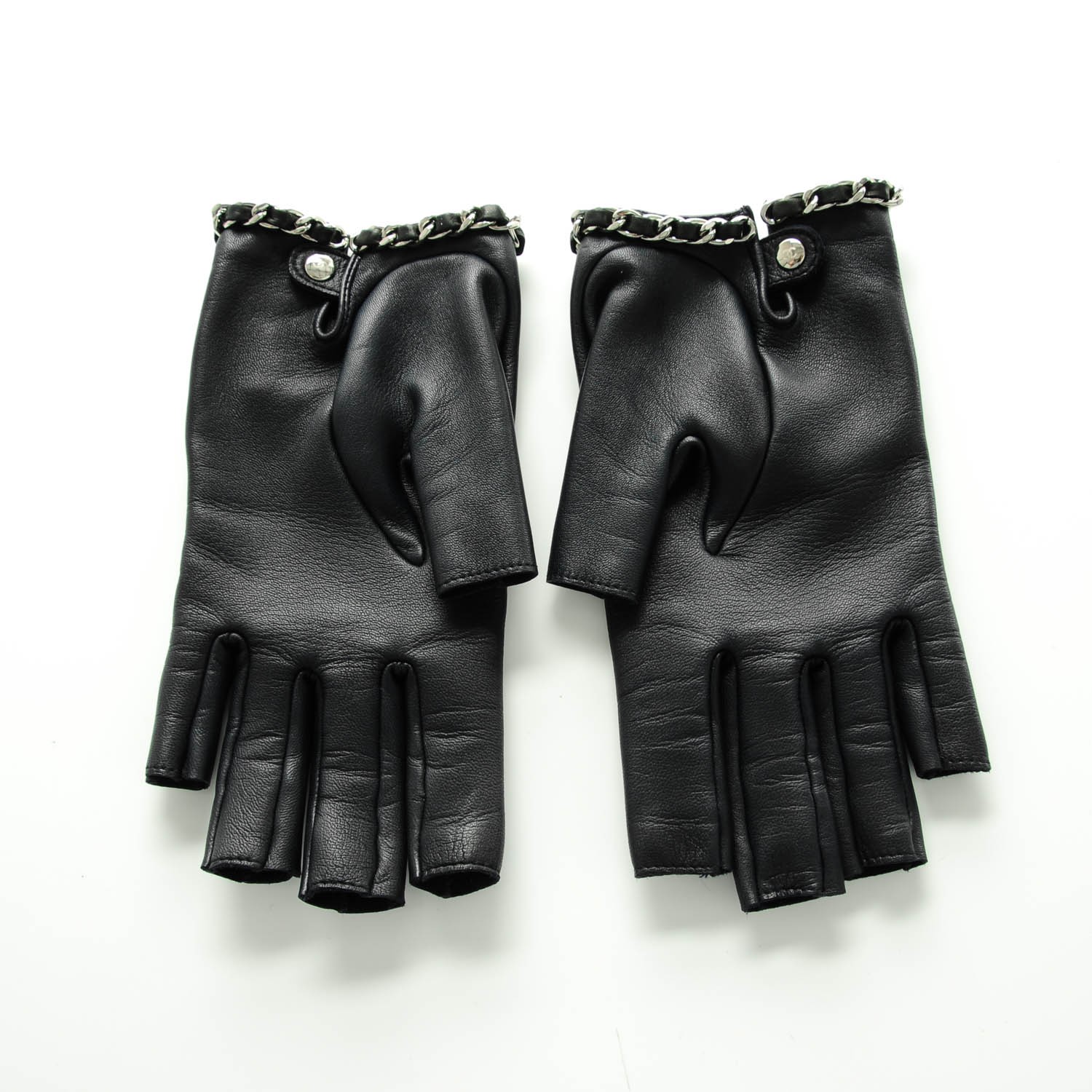 CHANEL Lambskin Fingerless Chain CC Gloves 8 Navy Black 142807