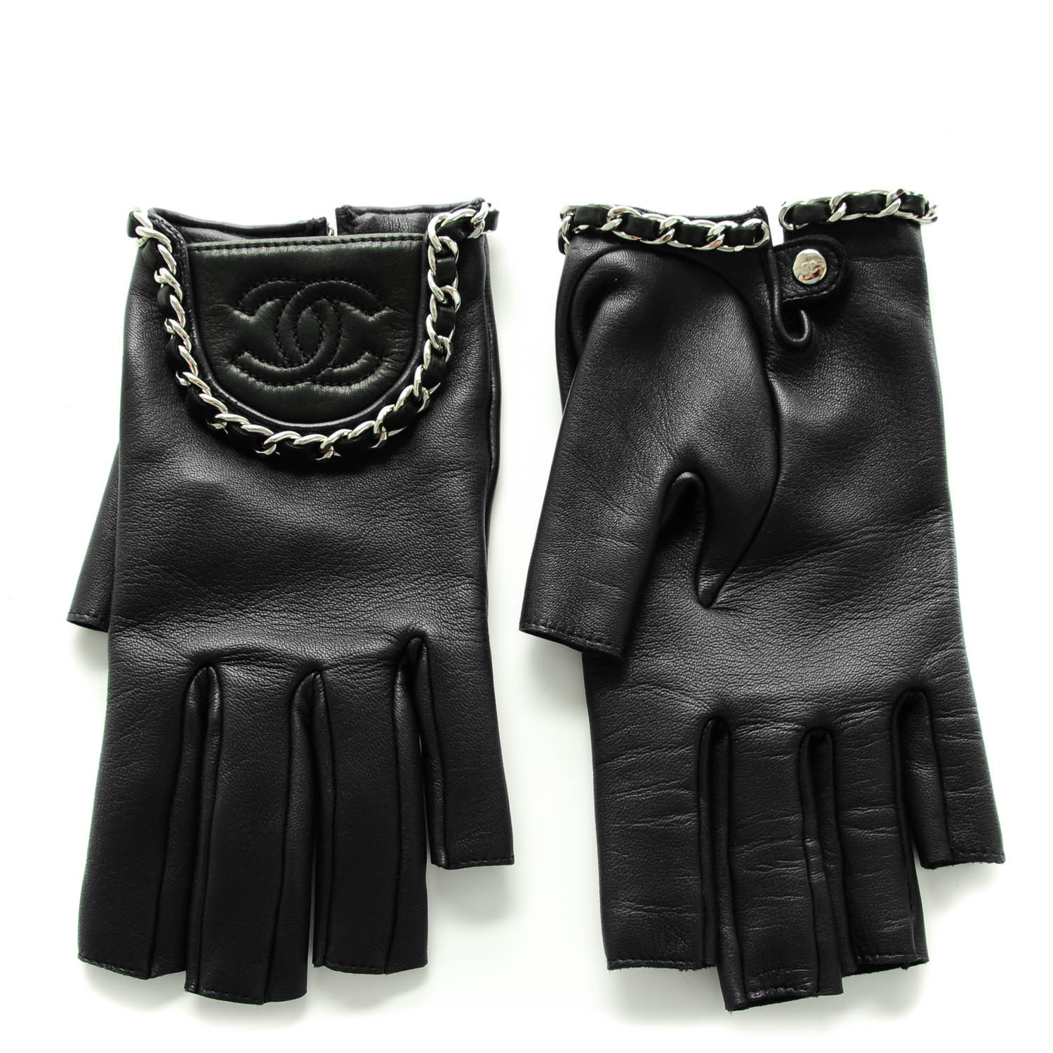 CHANEL Lambskin Fingerless Chain CC Gloves 8 Navy Black 142807