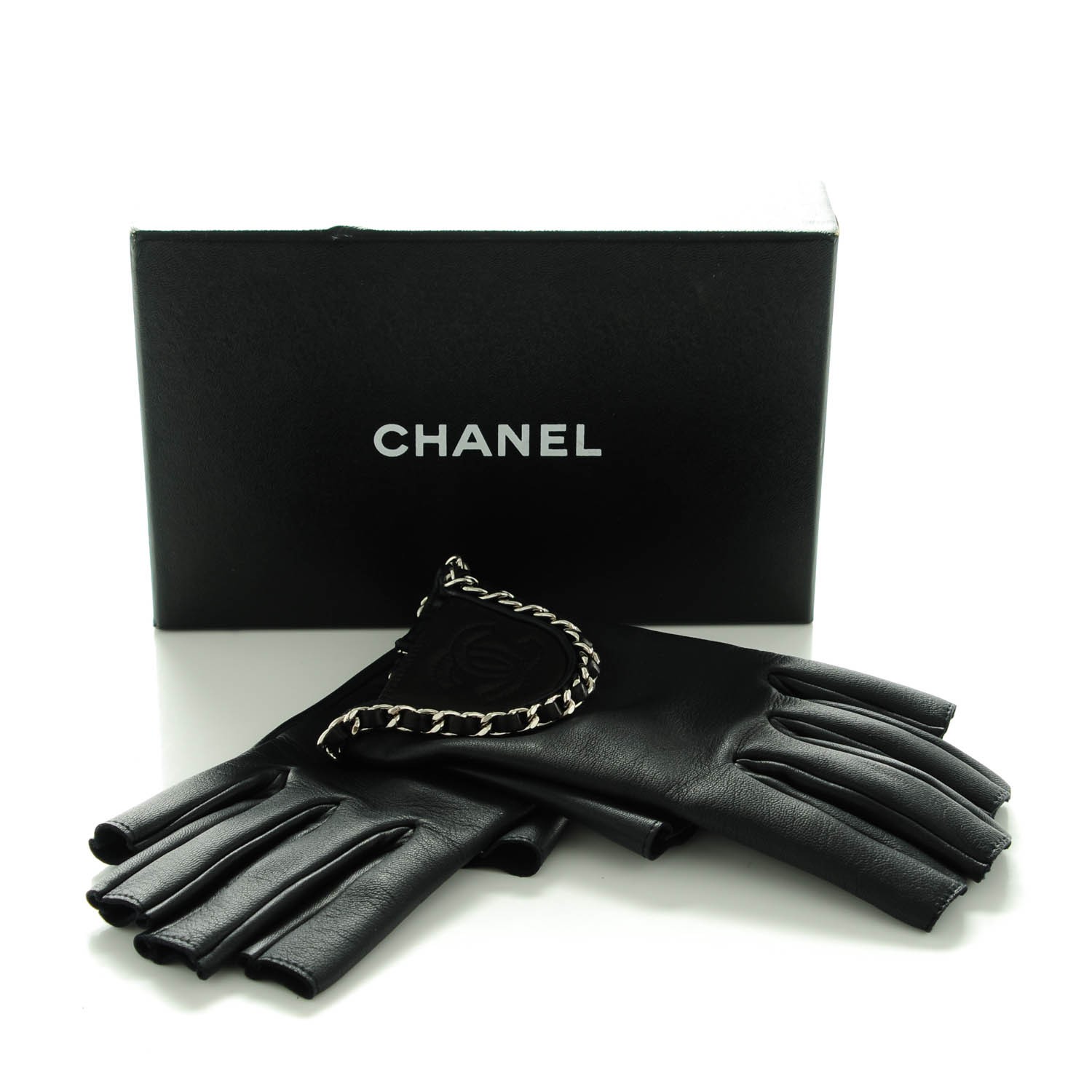 CHANEL Lambskin Fingerless Chain CC Gloves 8 Navy Black 142807