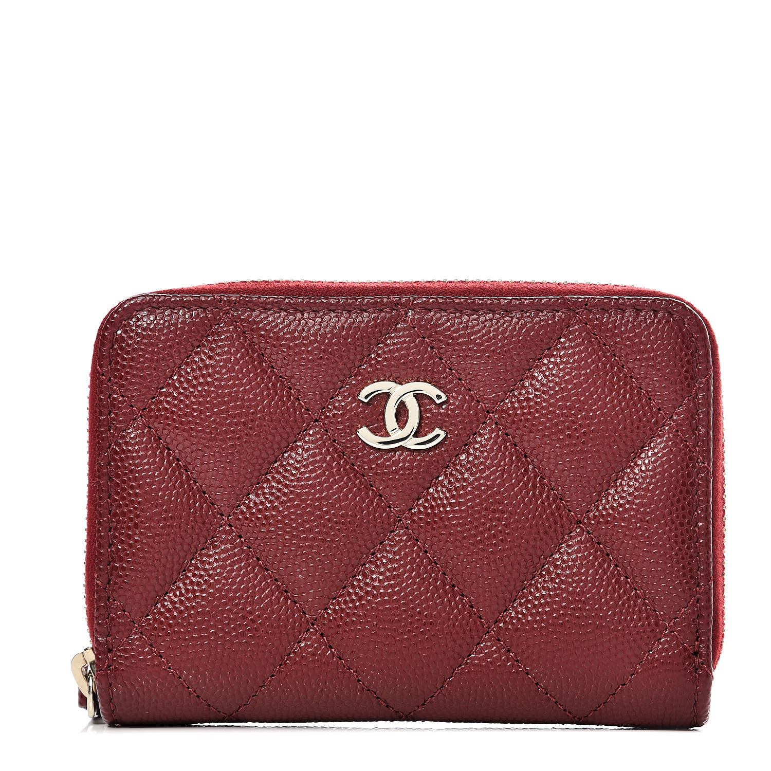 CHANEL Iridescent Caviar Quilted Zip Card Holder Burgundy 523073 