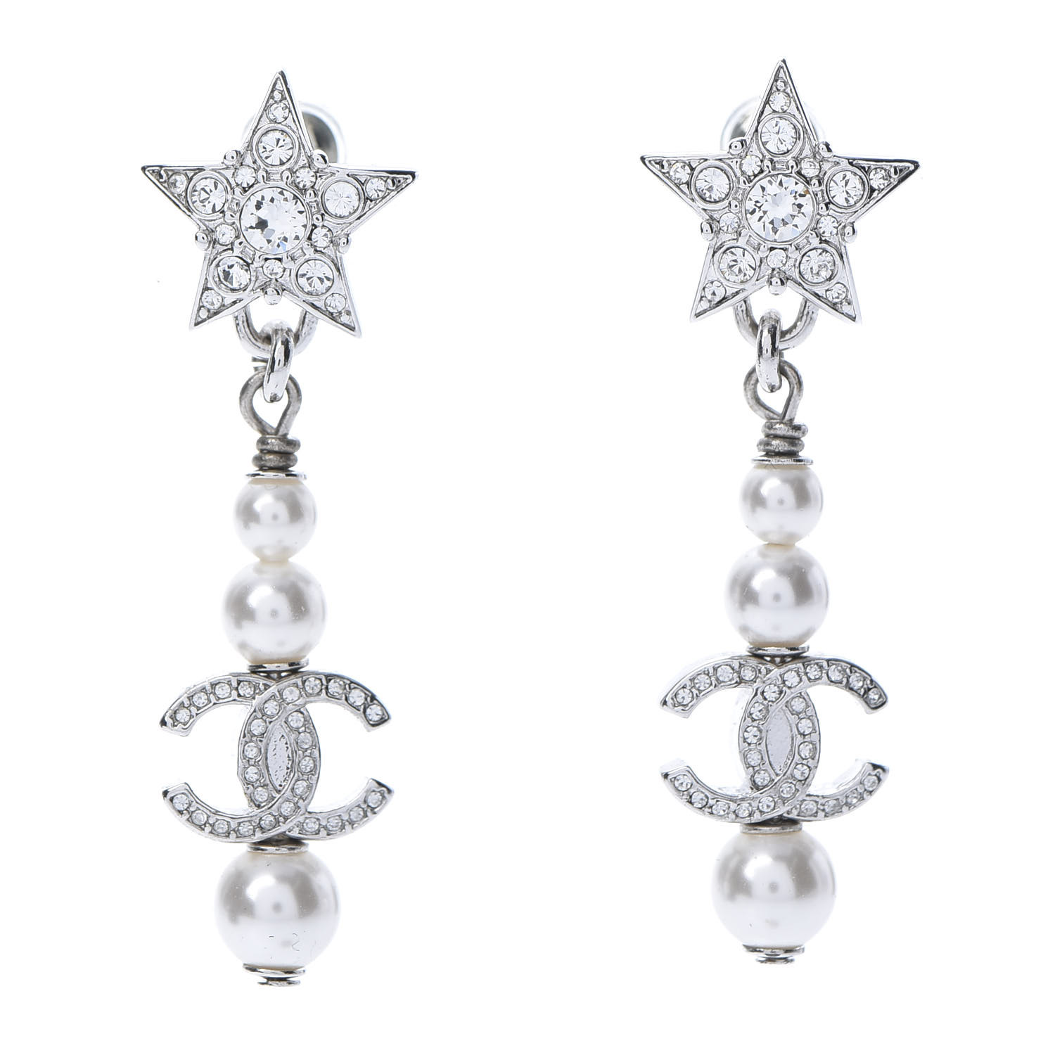 Chanel Crystal Pearl Cc Star Drop Earrings Silver Fashionphile