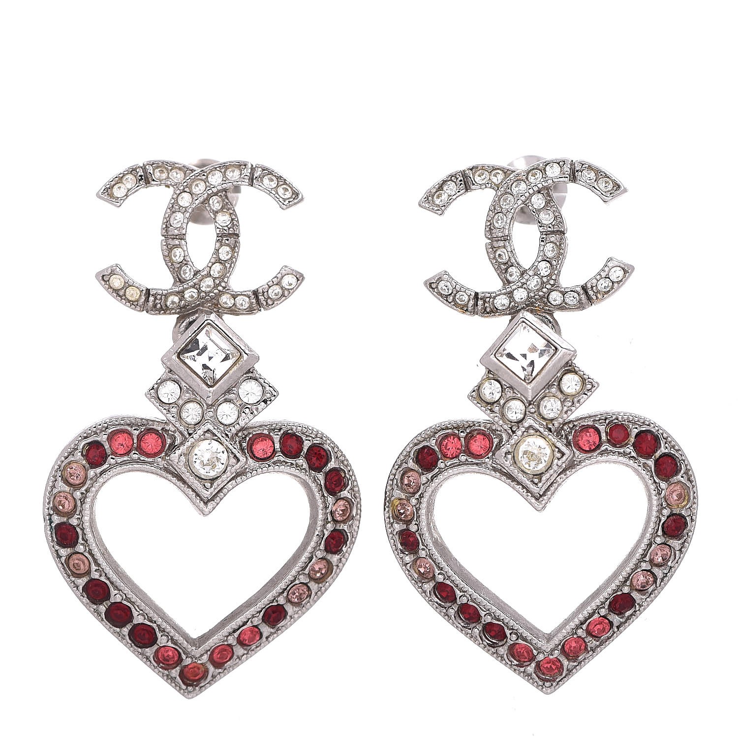 CHANEL Crystal Heart CC Drop Earrings Silver 305551 | FASHIONPHILE