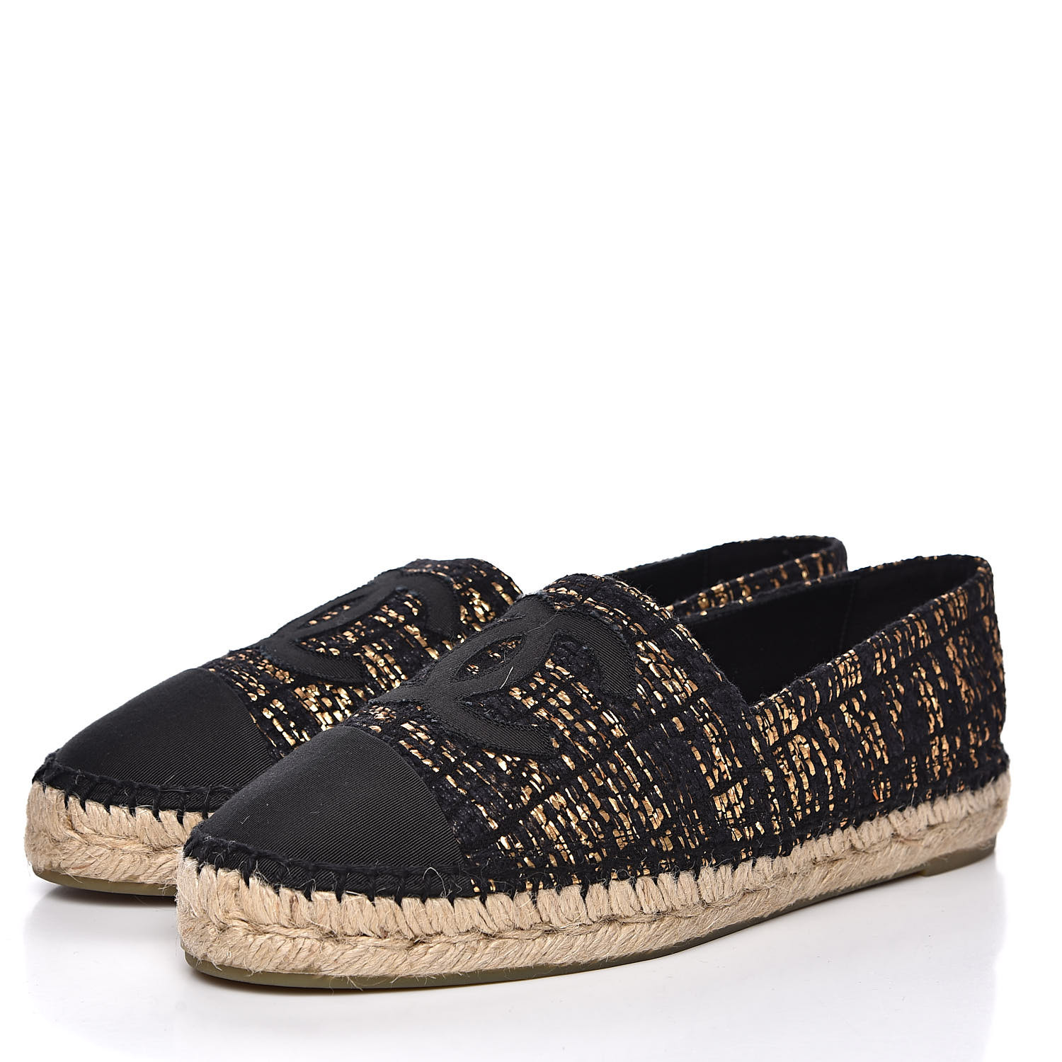 CHANEL Metallic Tweed Grosgrain CC Espadrilles 39 Black Gold 533733