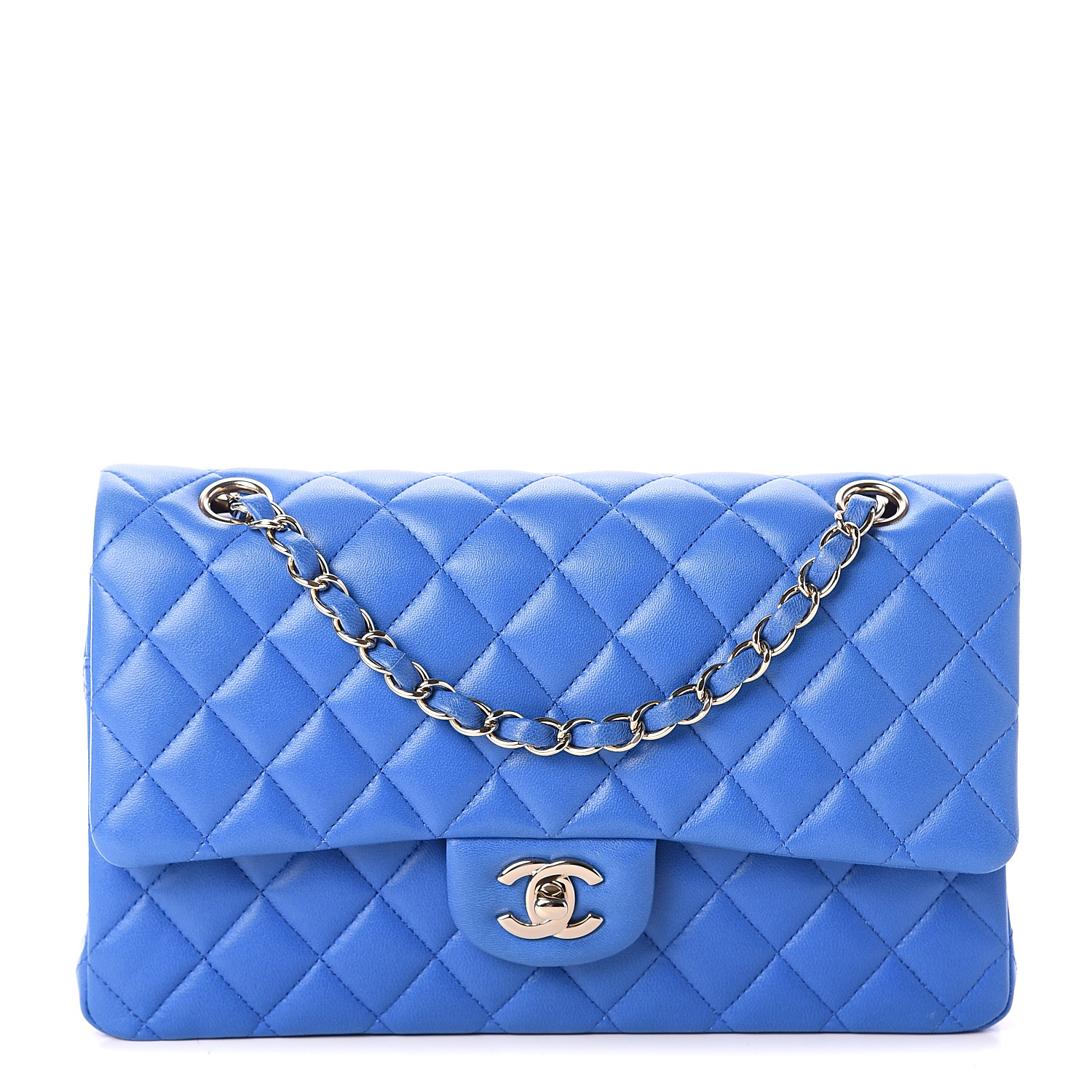 CHANEL Lambskin Quilted Medium Double Flap Blue 569737