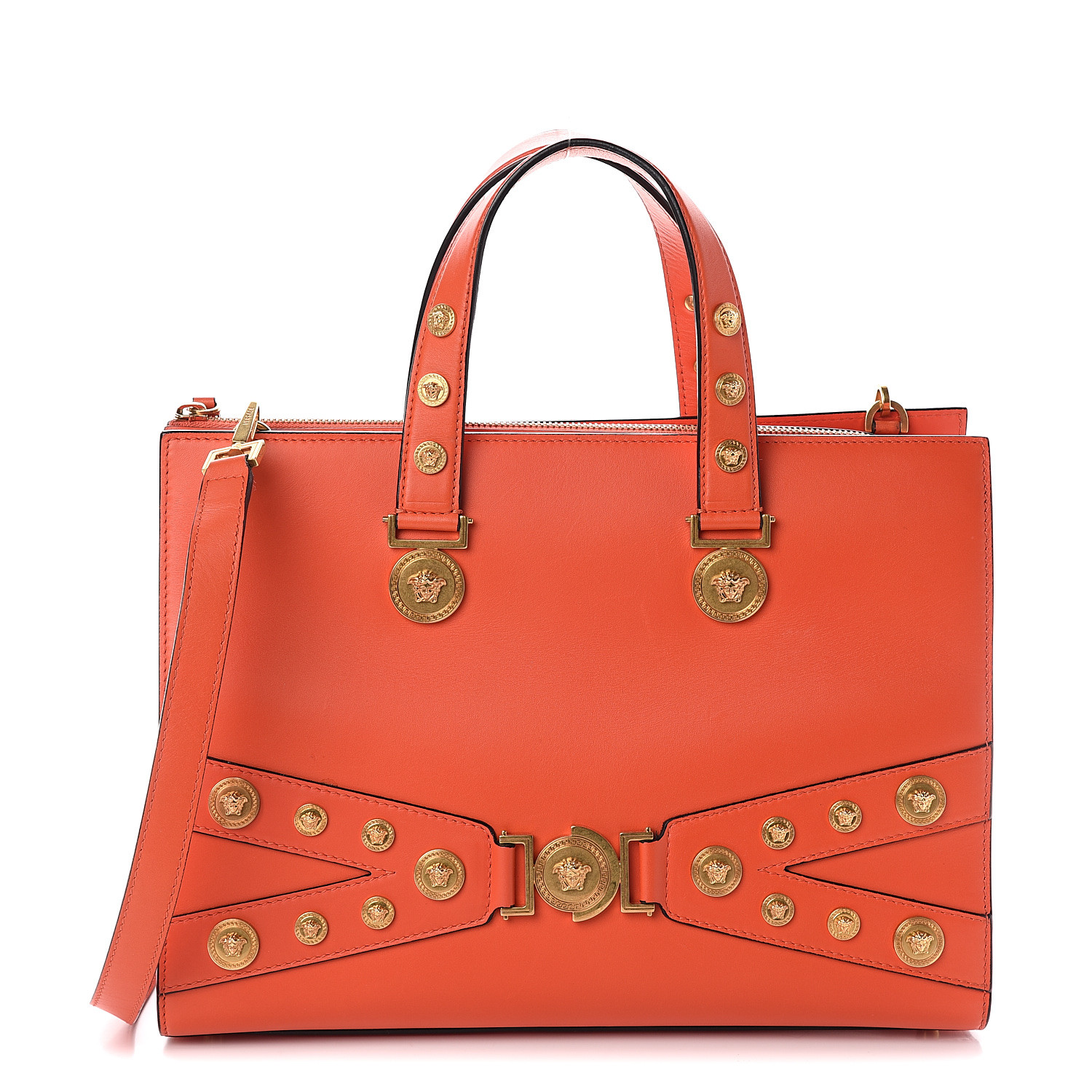 VERSACE Calfskin Large Medusa Stud Tribute Tote Orange 569754