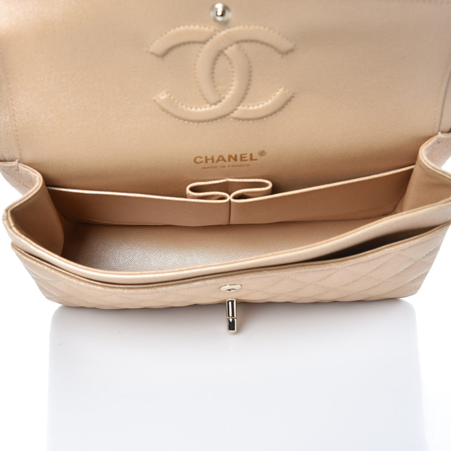 CHANEL Iridescent Caviar Quilted Medium Double Flap Beige 363523