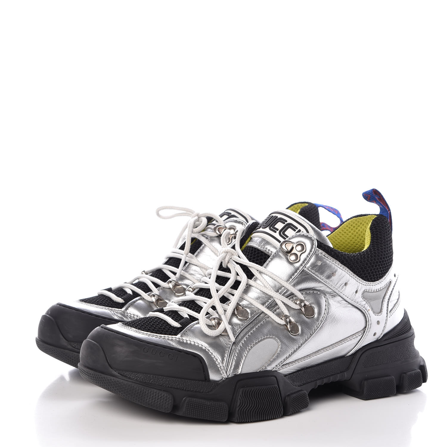 GUCCI Metallic Calfskin Womens Flashtrek Sneakers 41 Silver 361779
