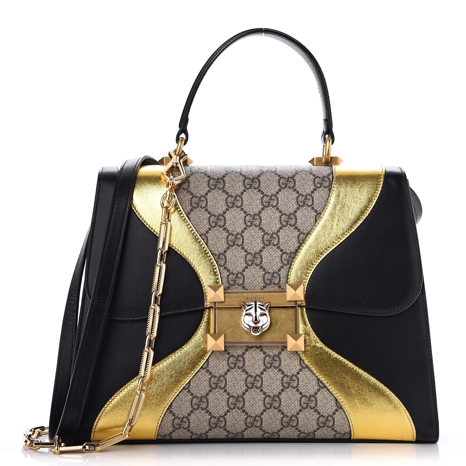 GUCCI Calfskin GG Supreme Monogram Medium Top Handle Bag Black Gold ...