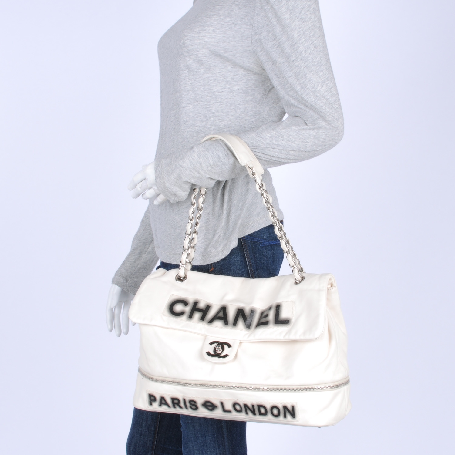 CHANEL Calfskin Large Expandable Paris London Flap Bag White 39235