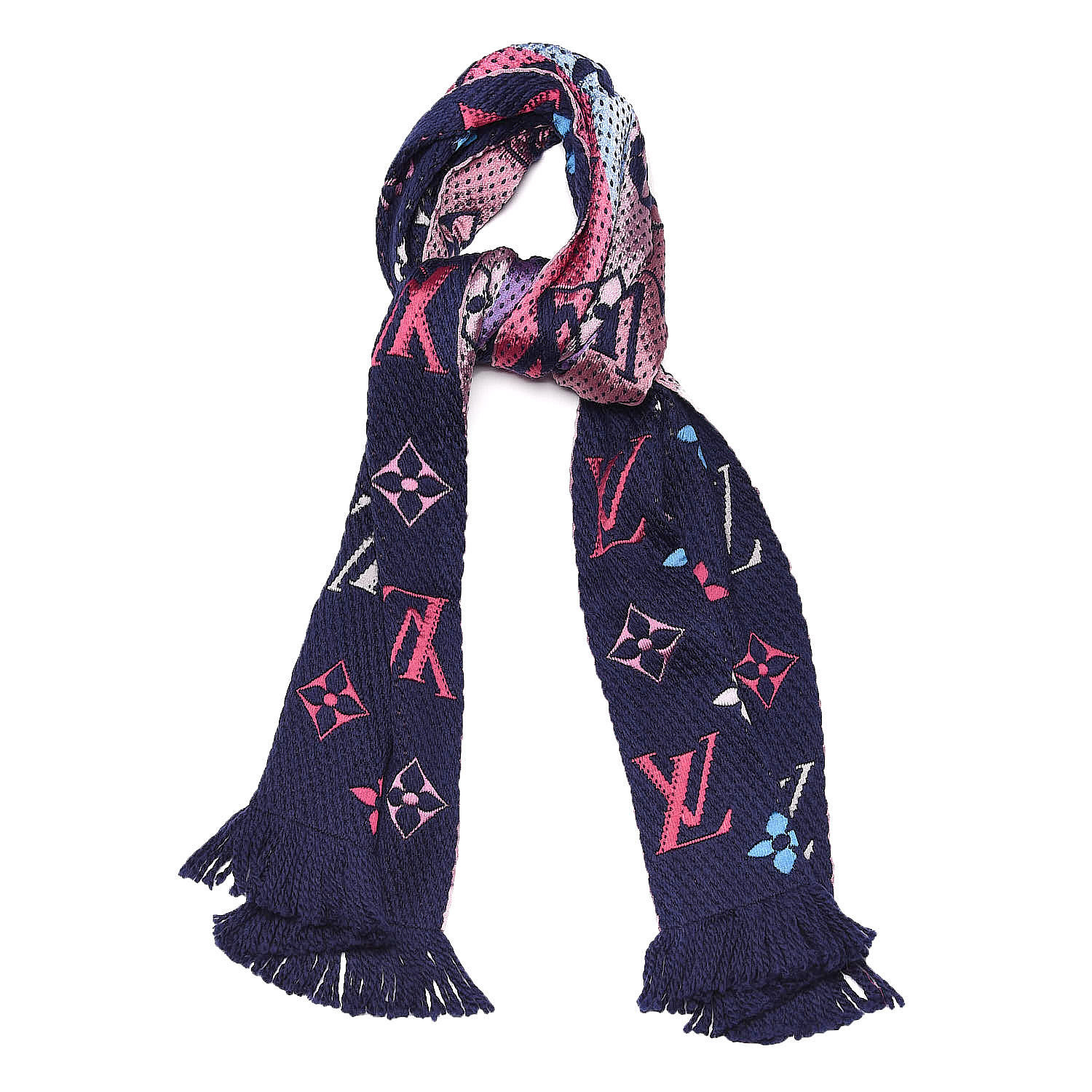 LOUIS VUITTON Wool Silk Rainbow Logomania Scarf Navy 473112