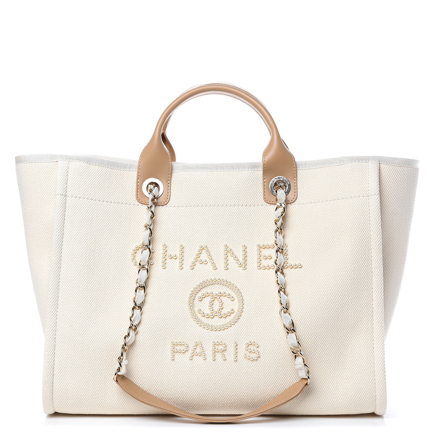 CHANEL Canvas Pearl Large Deauville Tote Ecru Beige 493640