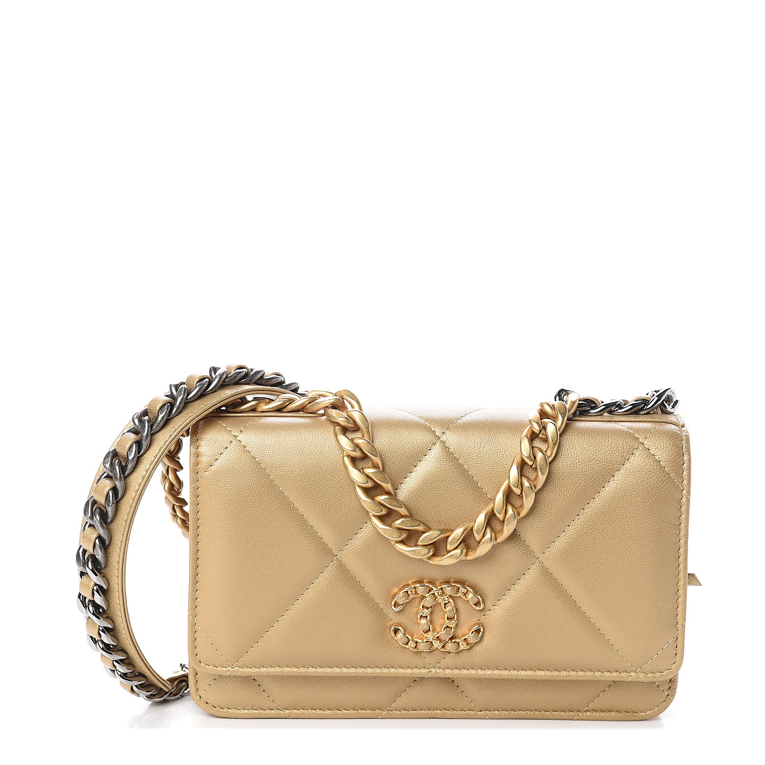CHANEL Metallic Goatskin Quilted Chanel 19 Wallet On Chain WOC Gold 572300