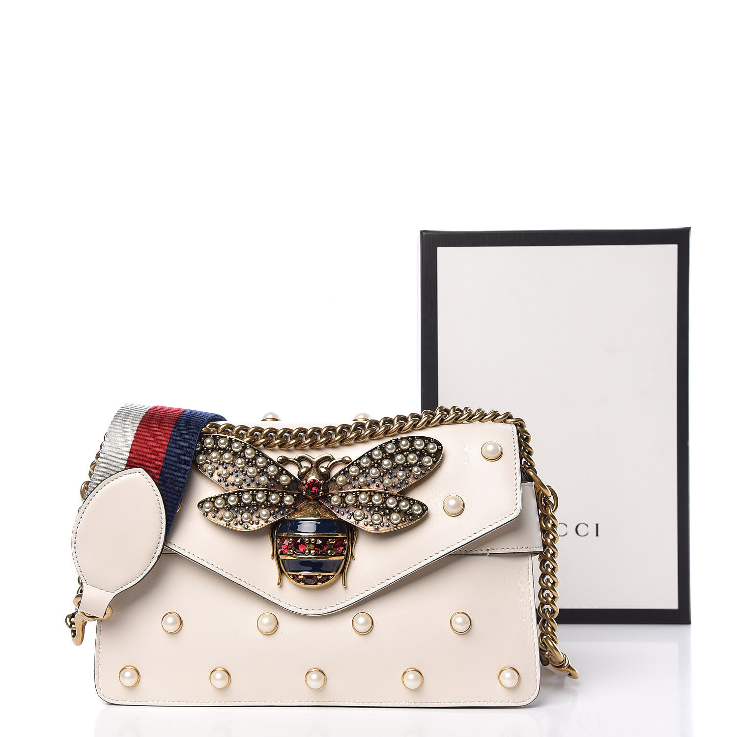 GUCCI Calfskin Pearl Studded Mini Broadway Bee Shoulder Bag White 410211