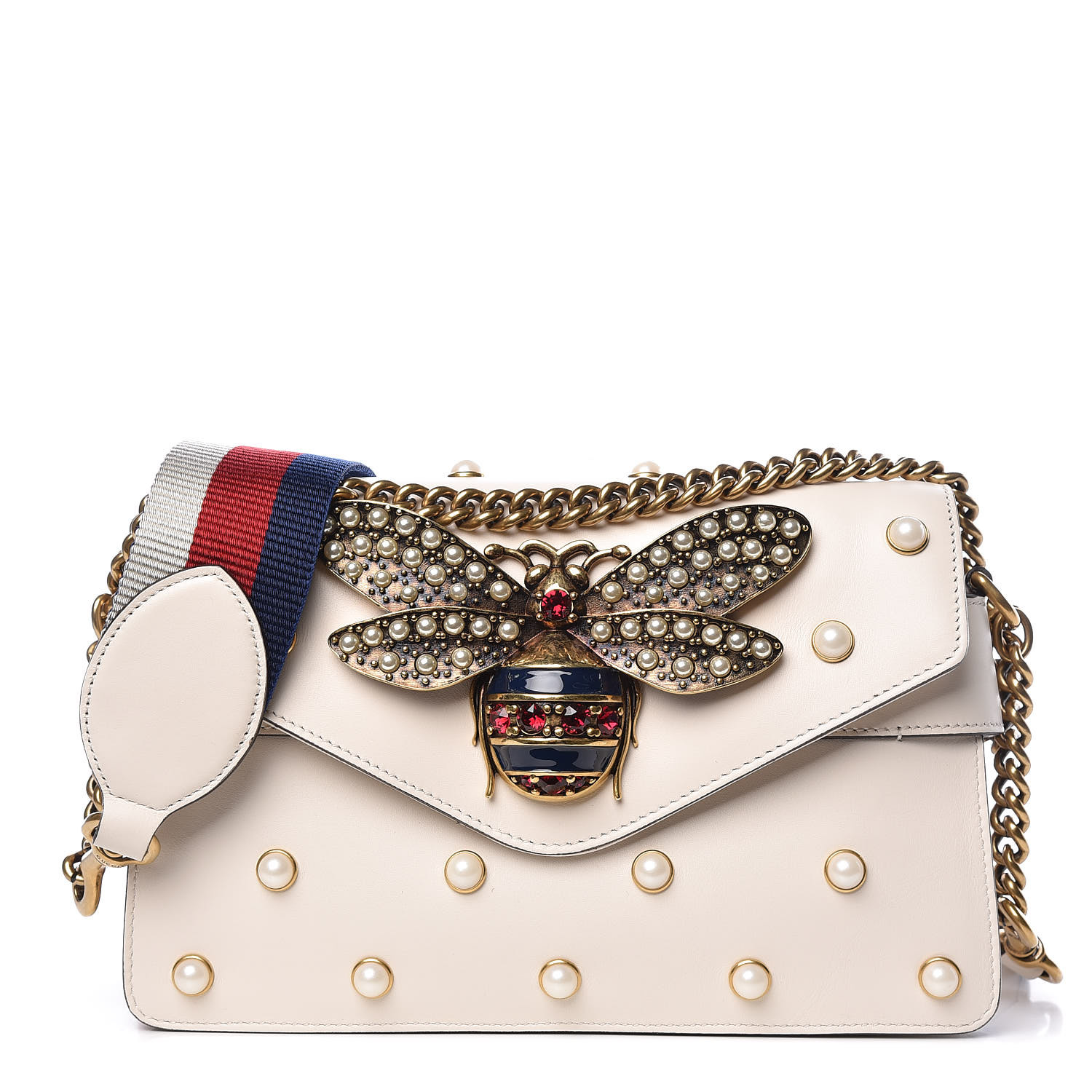 GUCCI Calfskin Pearl Studded Mini Broadway Bee Shoulder Bag White 410211