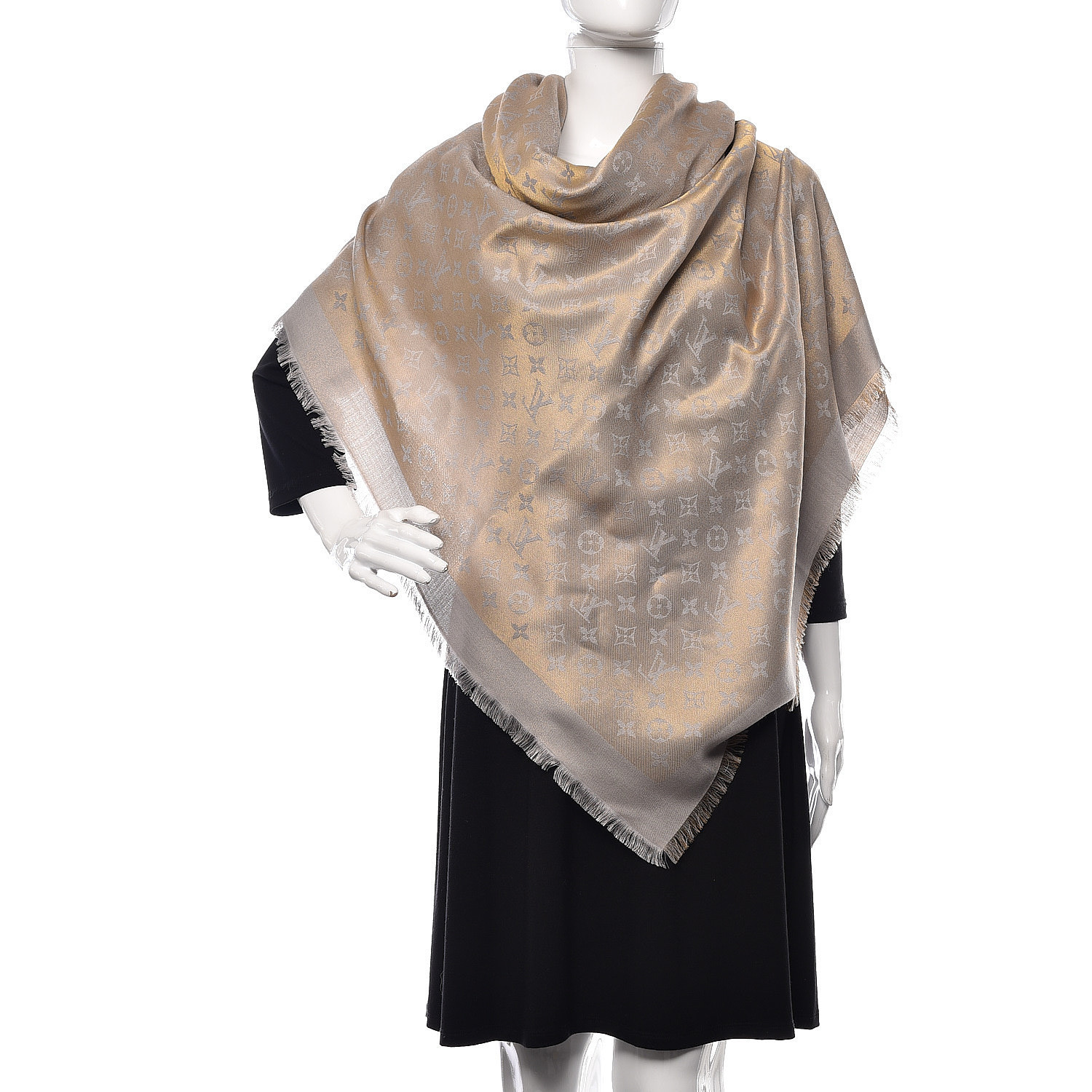 LOUIS VUITTON Silk Wool Monogram Shine Shawl Charcoal Greige 492822