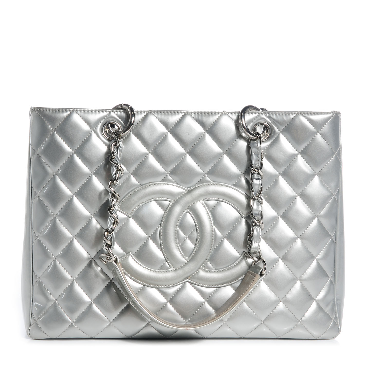 Chanel Patent Leather Gst Grand Ping Tote Silver 67354