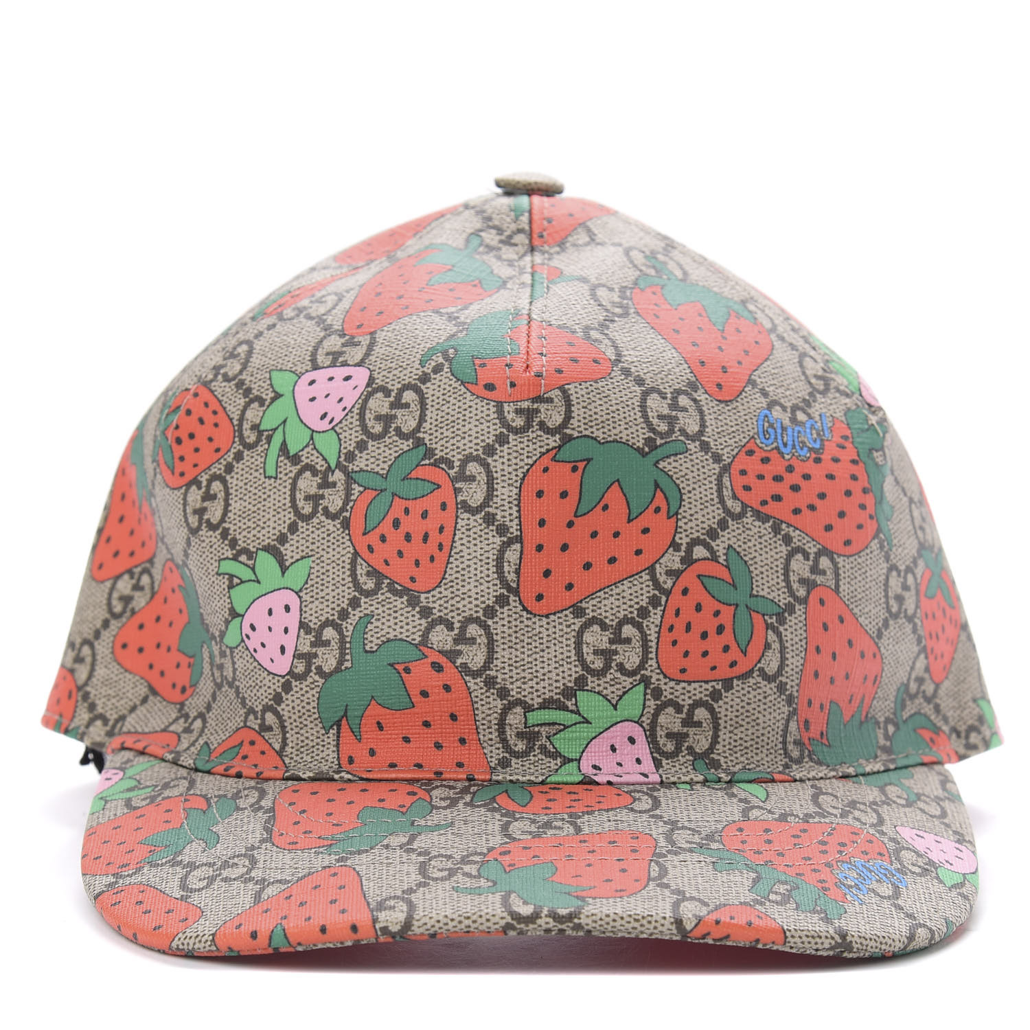 GUCCI GG Supreme Monogram Strawberry Baseball Hat 56 Beige 628588 ...