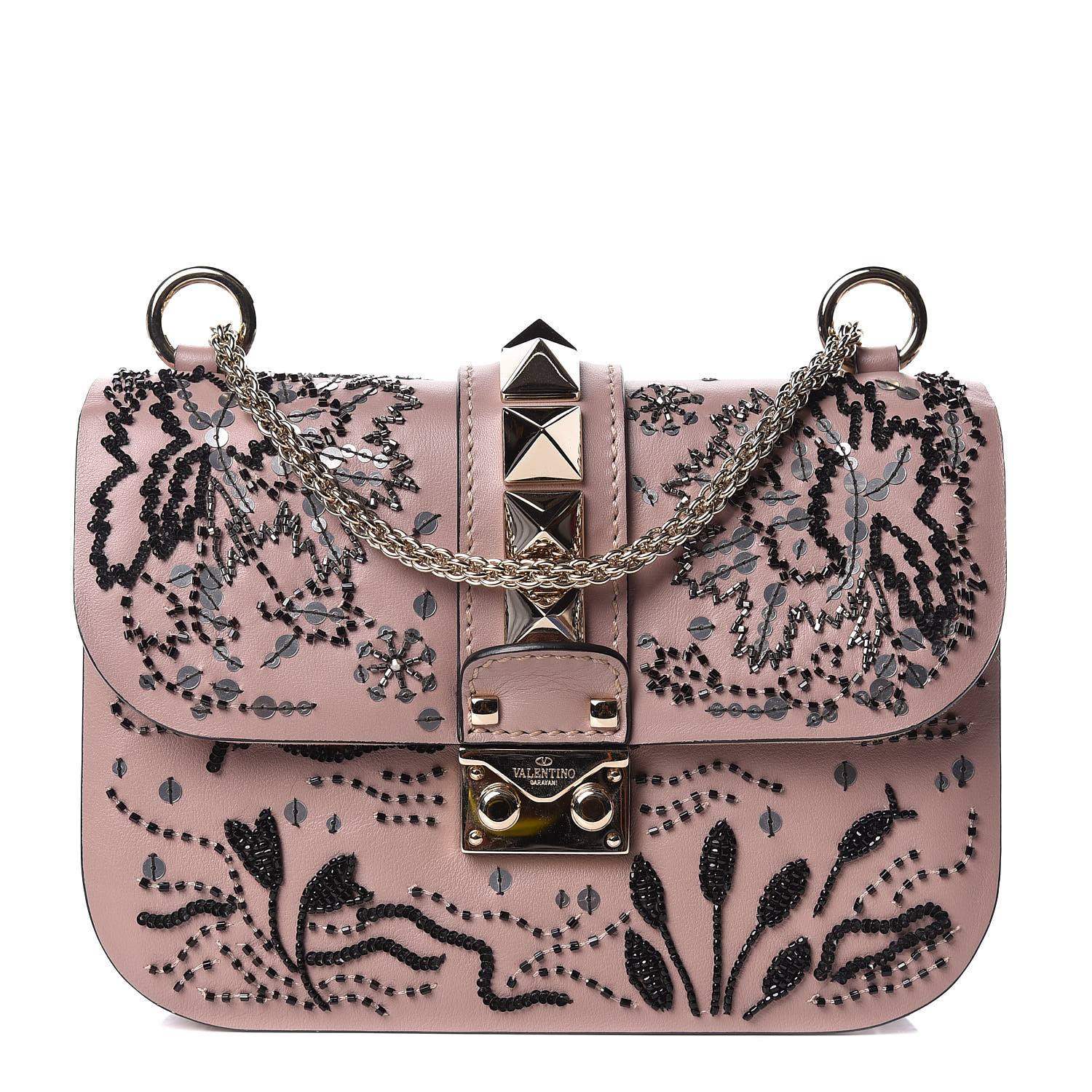 ly Ægte Ooze VALENTINO Vitello Sequin Embellished Small Glam Lock Rockstud Flap Poudre  423592 | FASHIONPHILE