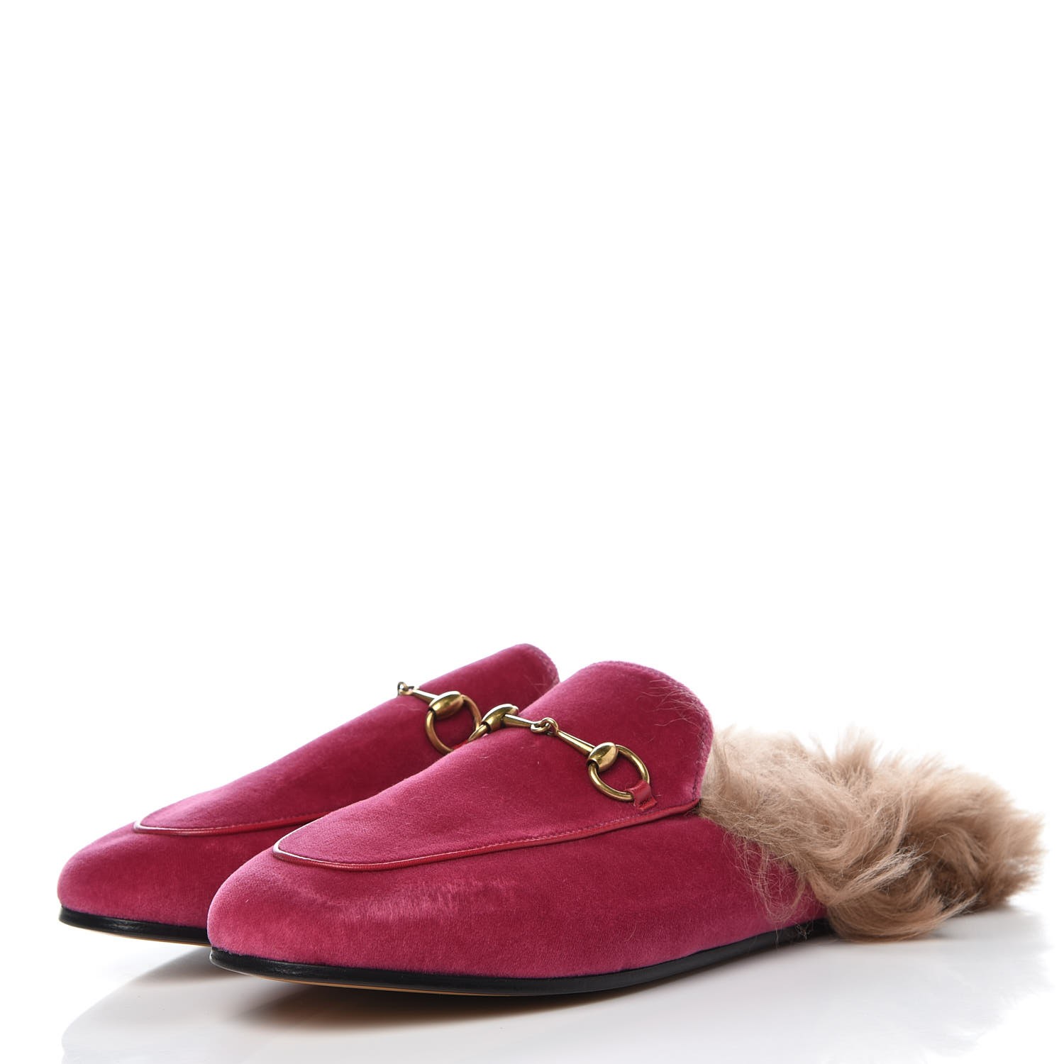 GUCCI Velvet Fur Womens Princetown Slippers Slides 38 Pink 333685