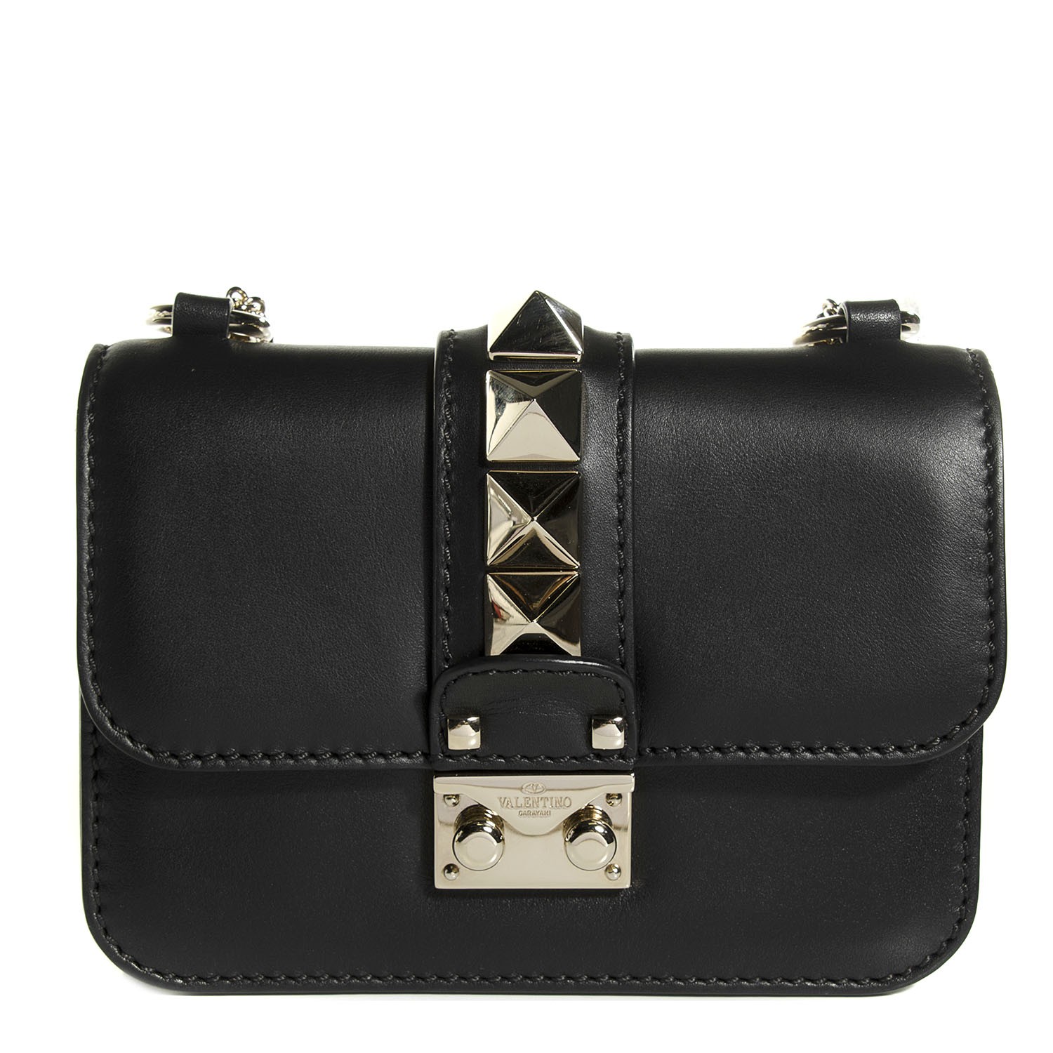VALENTINO Vitello Calfskin Glam Lock Mini Flap Bag Black 107234