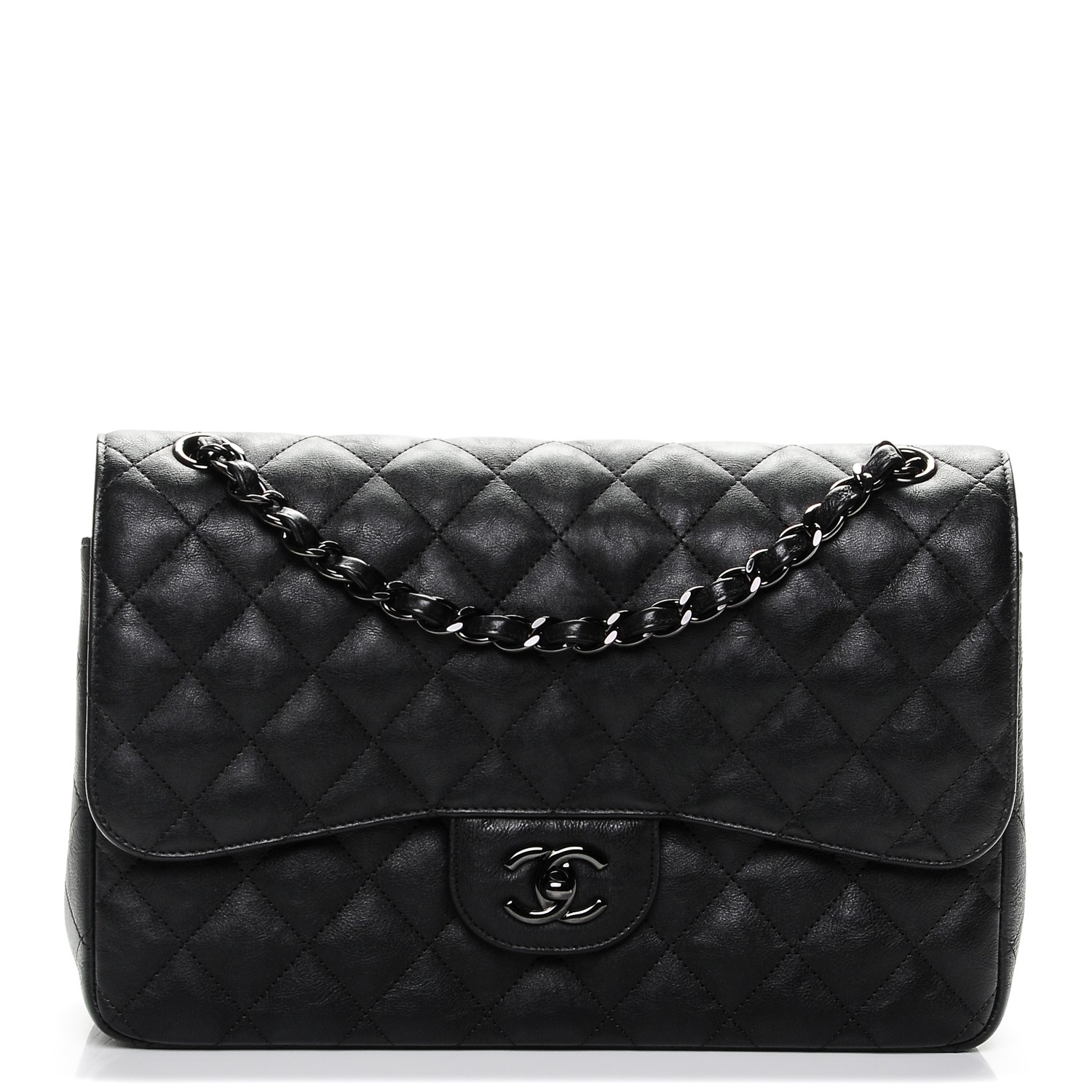 CHANEL Crumpled Calfskin Quilted Jumbo Double Flap So Black 197743