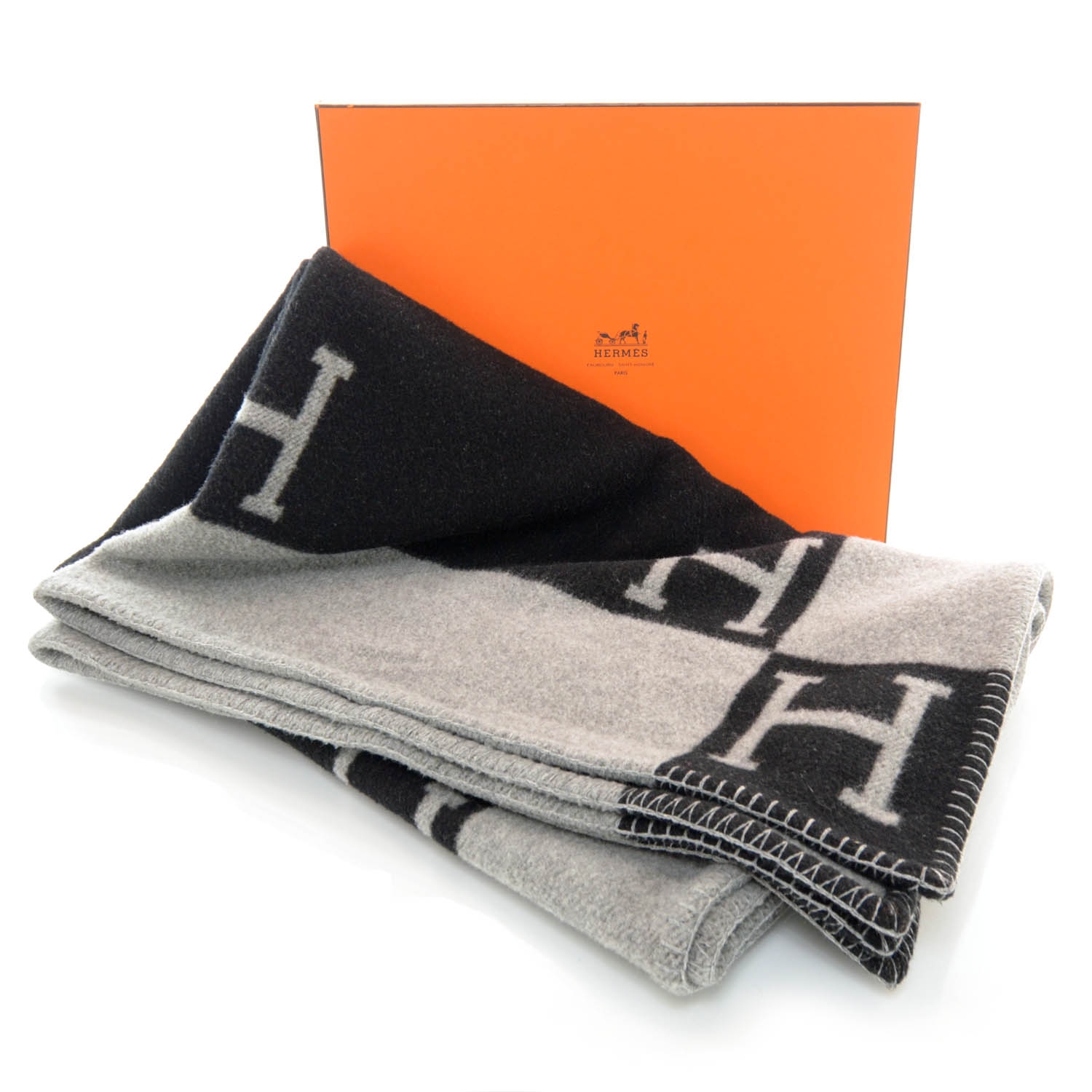 HERMES Wool Cashmere Signature Avalon Blanket Black 38039