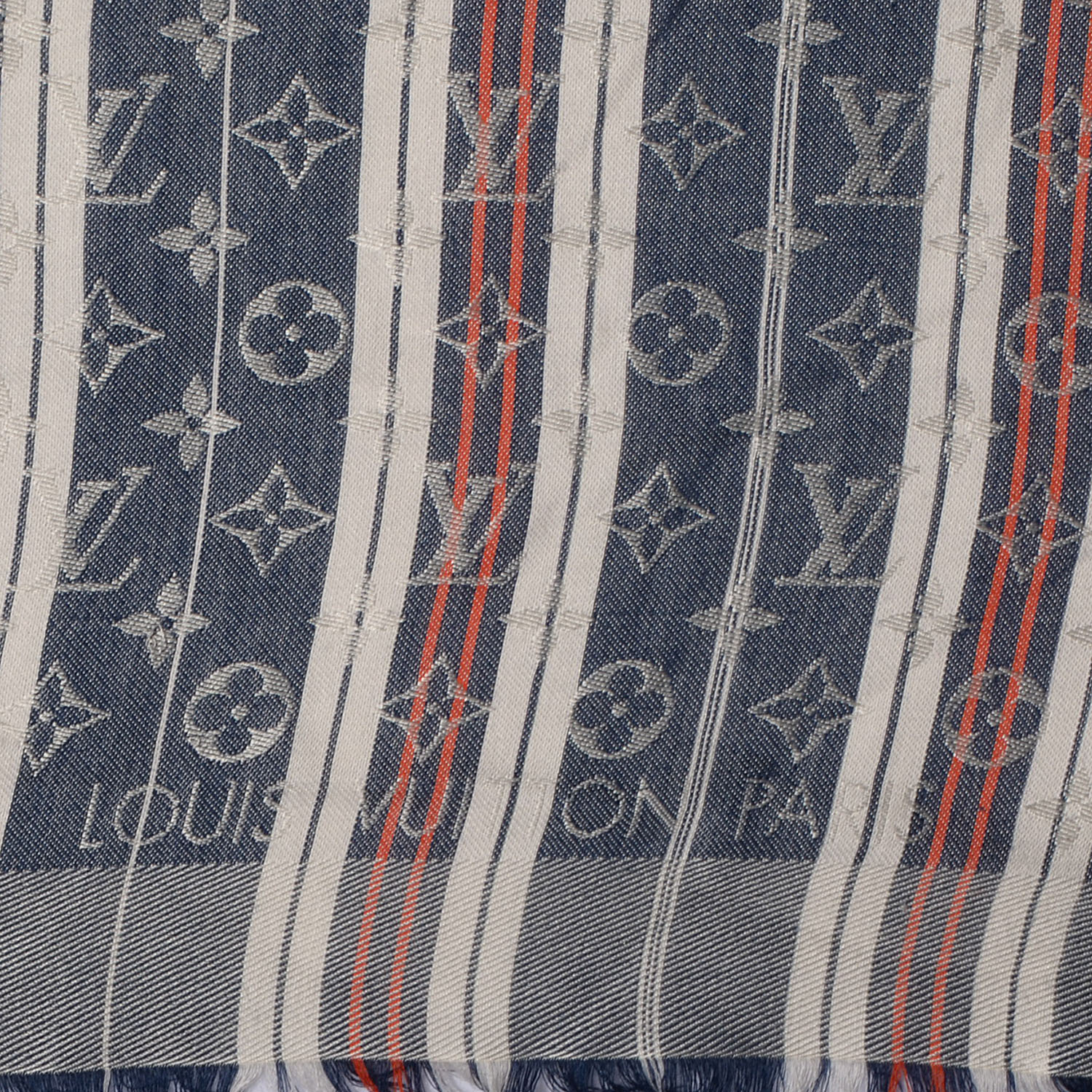 LOUIS VUITTON Silk Wool Monogram Mattress Stripes Shawl Blue Jean 86769