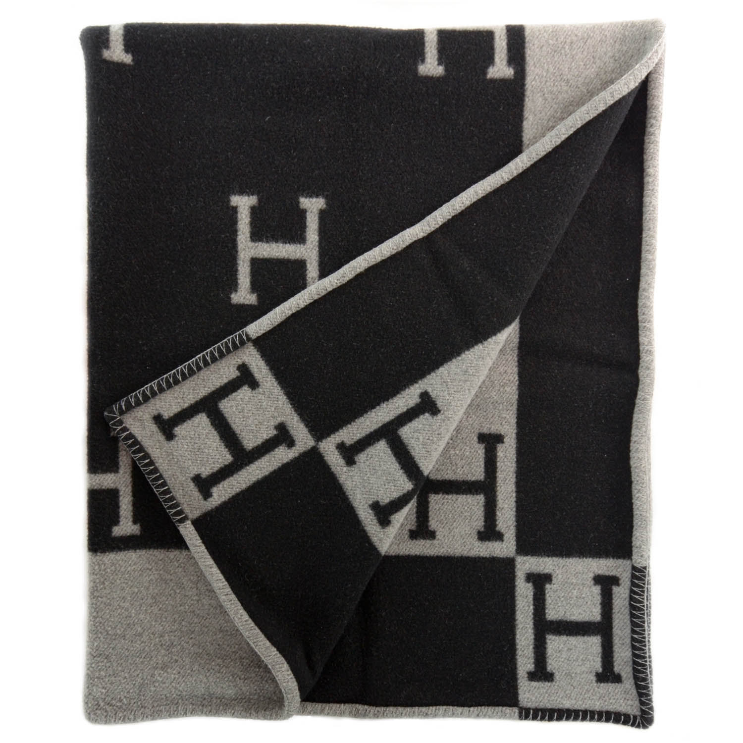 HERMES Wool Cashmere Signature Avalon Blanket Black 38039