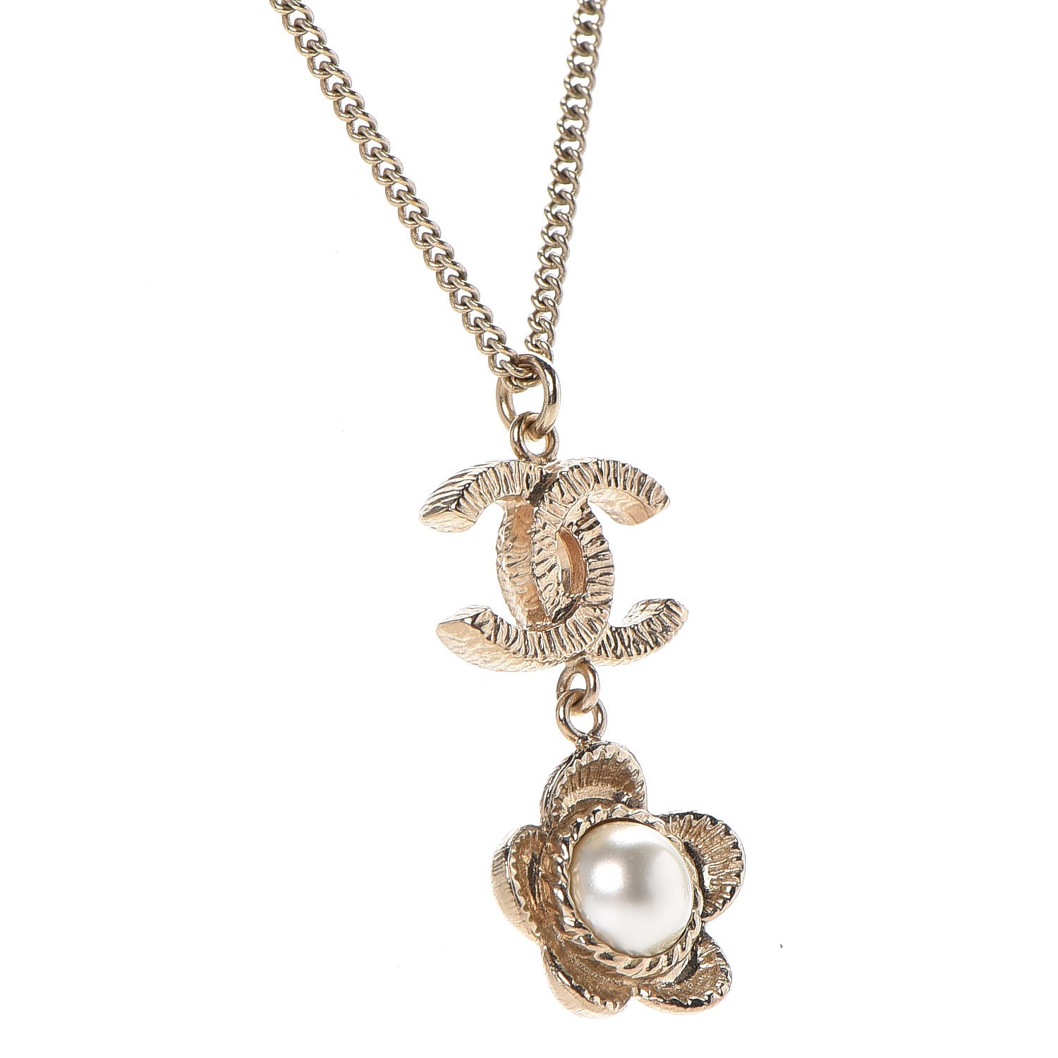 CHANEL Pearl CC Camellia Flower Necklace Gold 279098