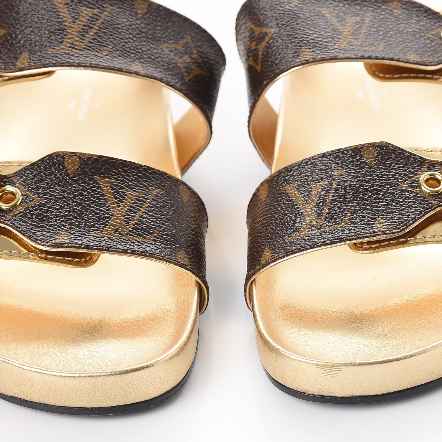 LOUIS VUITTON Patent Monogram Metallic Calfskin Bom Dia Mule Sandals 38 Gold 260364