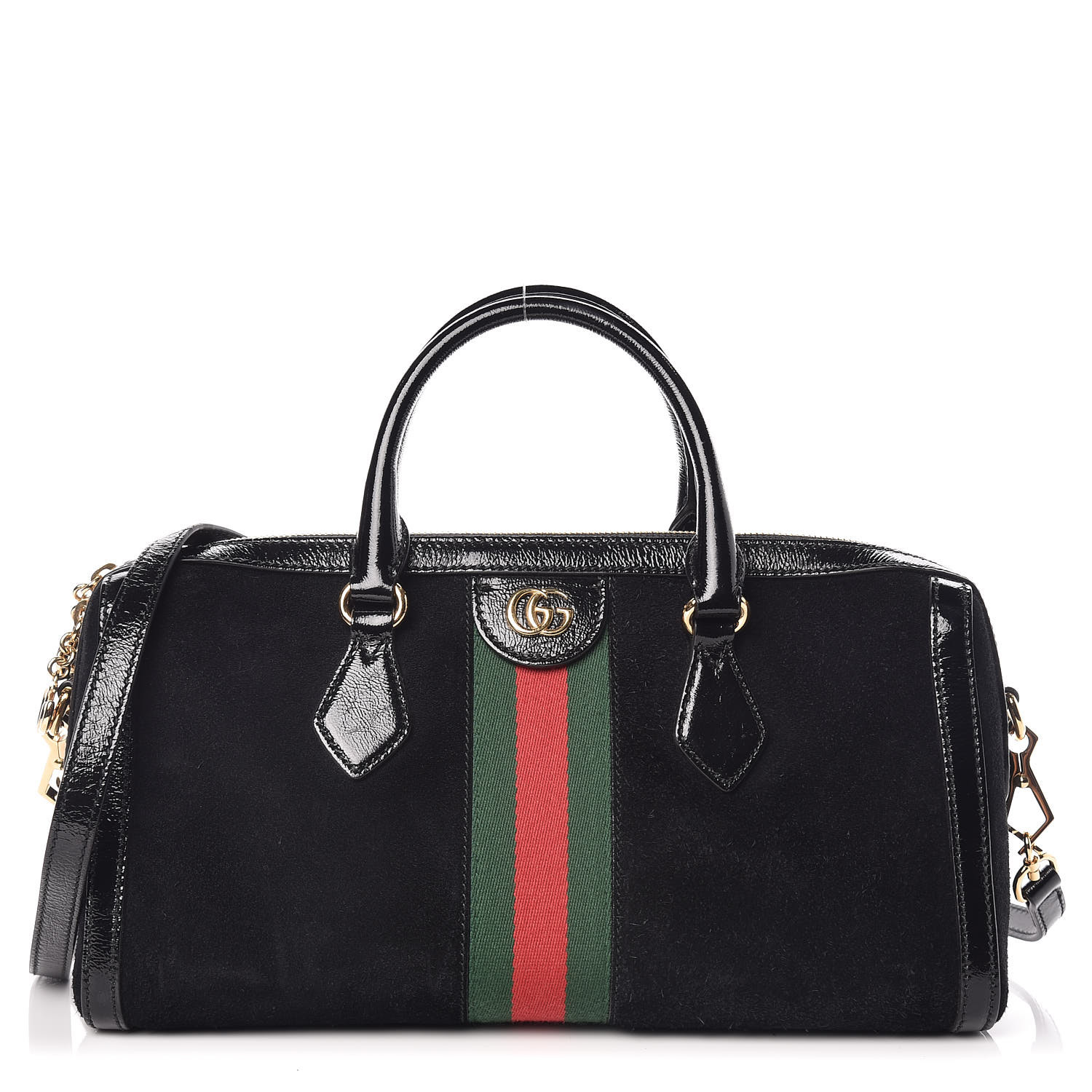 GUCCI Suede Patent GG Web Medium Ophidia Top Handle Bag Black 391533