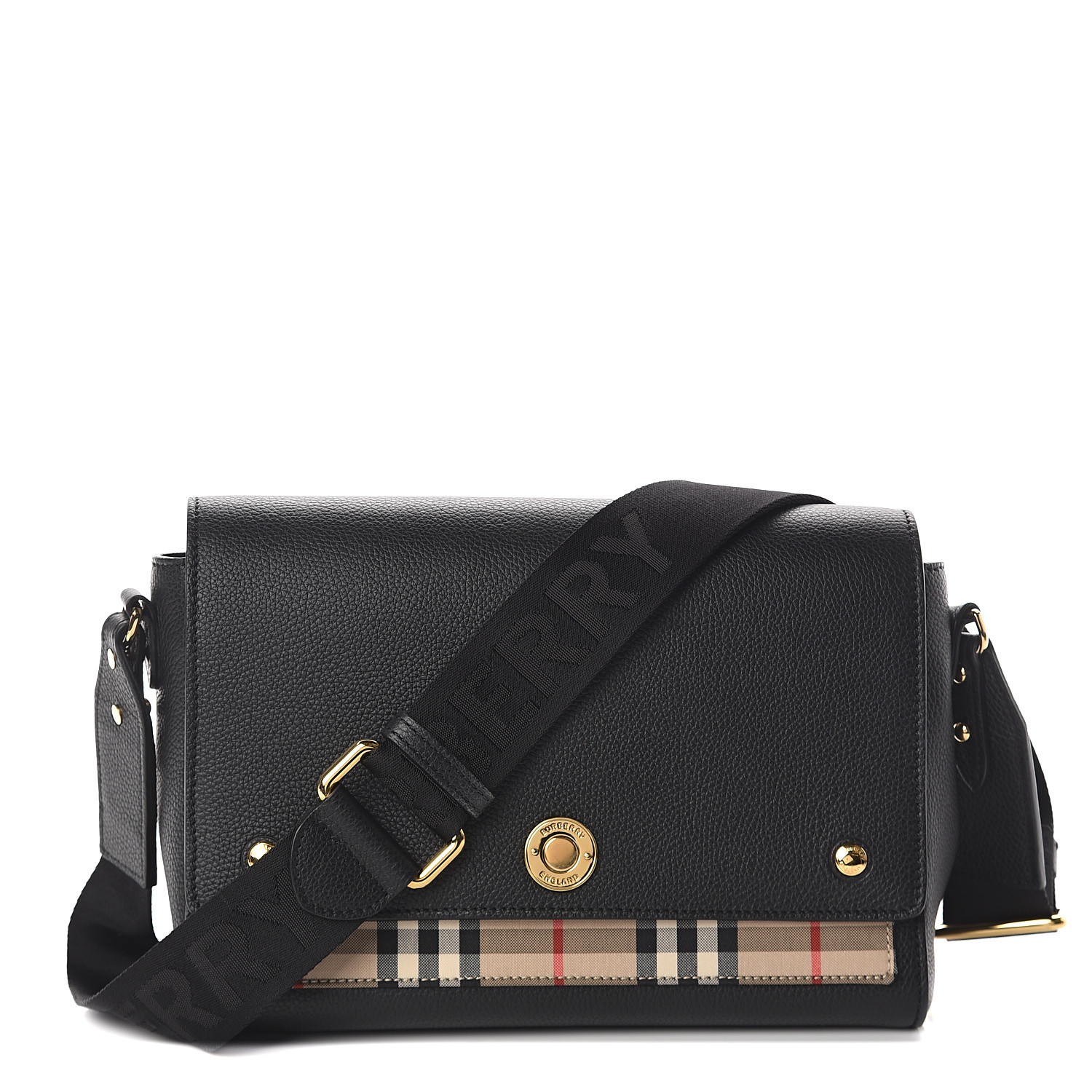 BURBERRY Grainy Calfskin Vintage Check Note Crossbody Bag Black 536957