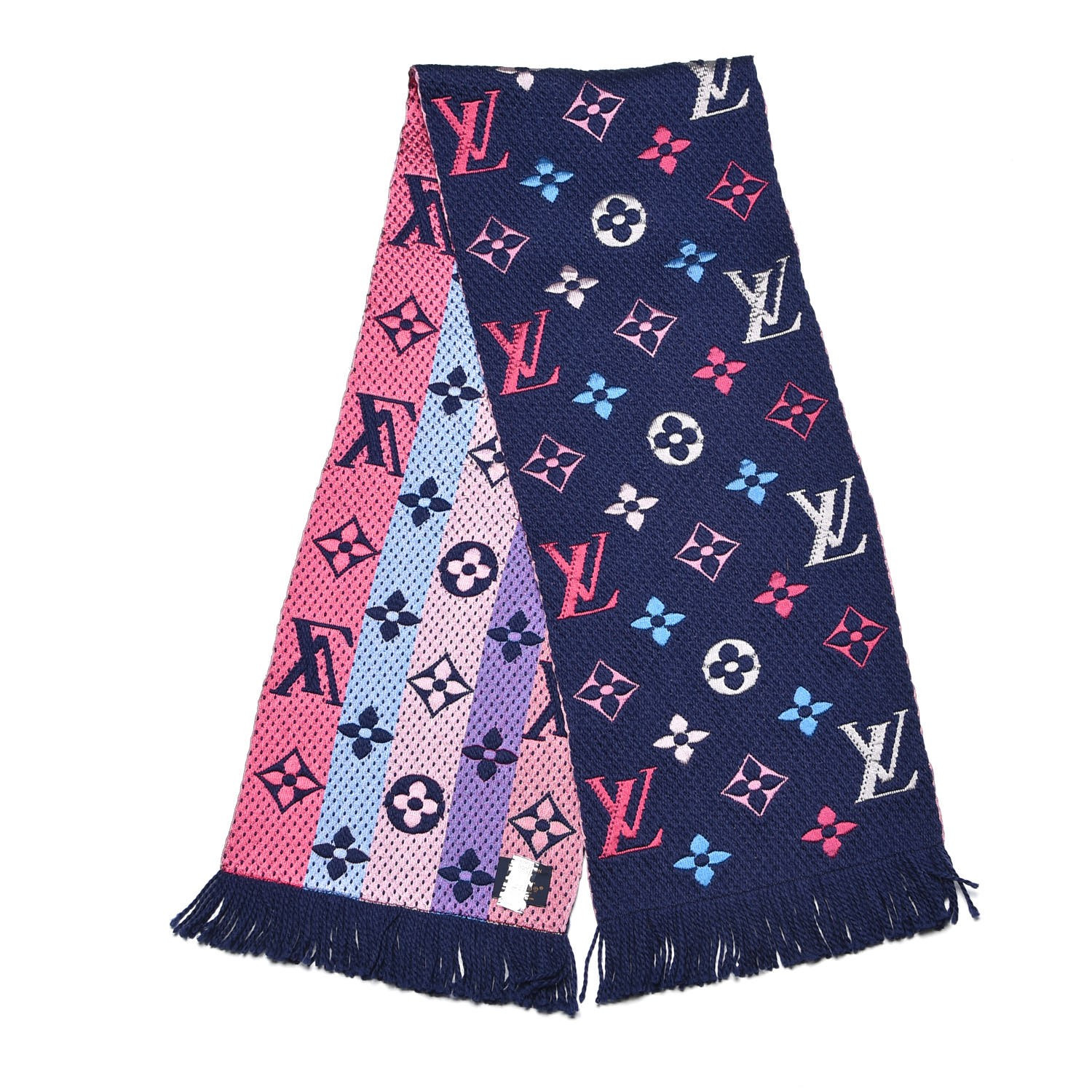 LOUIS VUITTON Wool Silk Rainbow Logomania Scarf Navy 542647