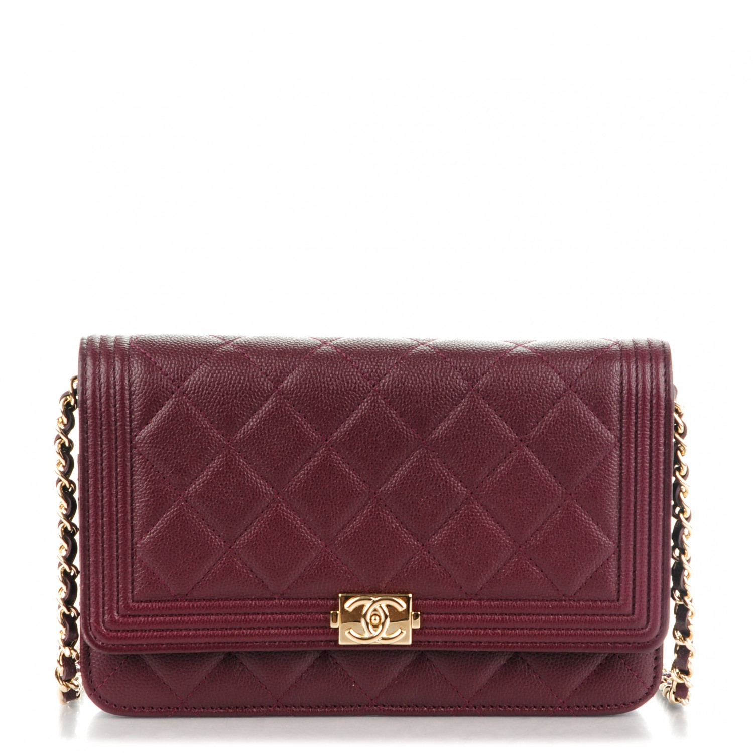 CHANEL Caviar Quilted Boy Wallet On Chain WOC Burgundy 156575