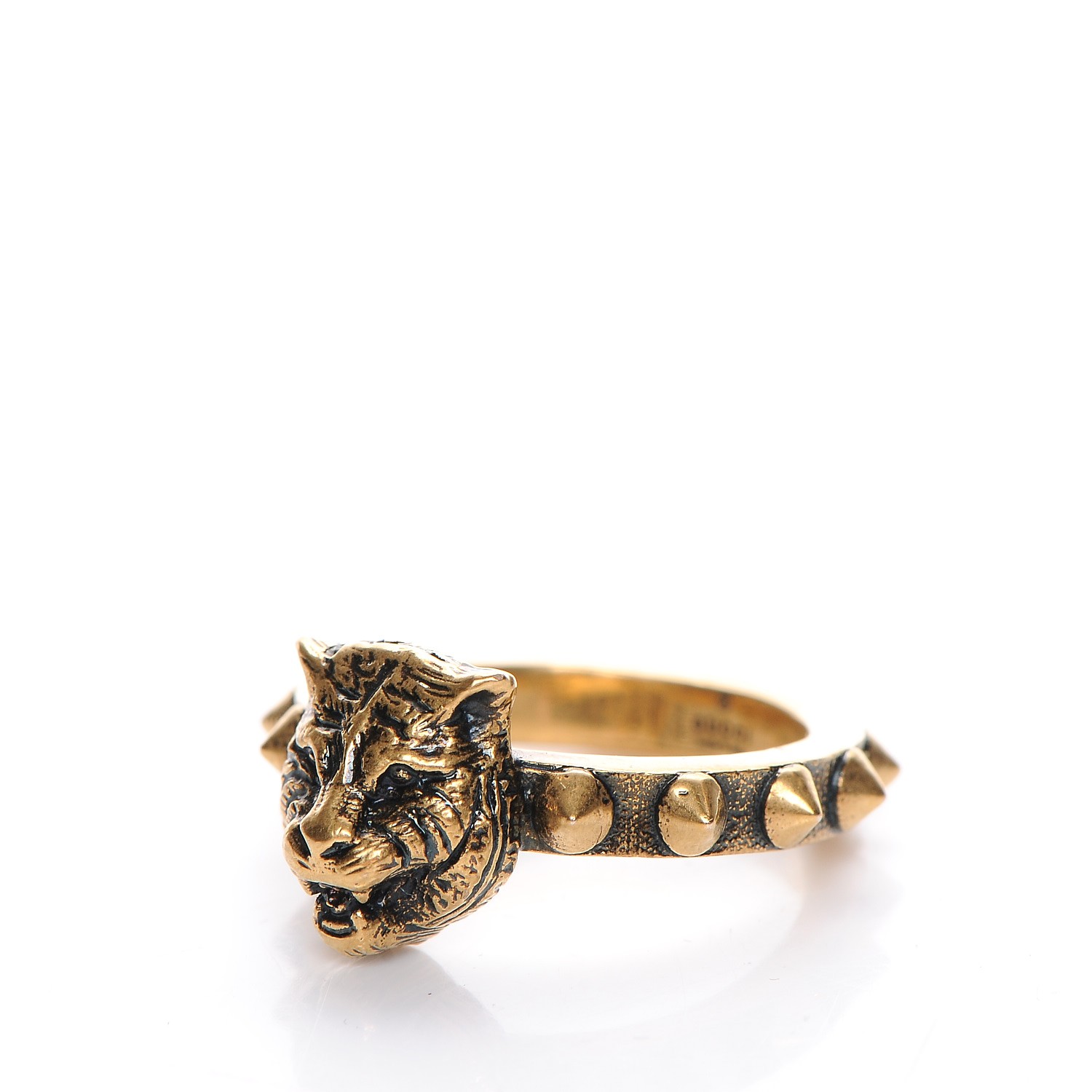 GUCCI Feline Head Ring 62 10 Aged Gold 211084