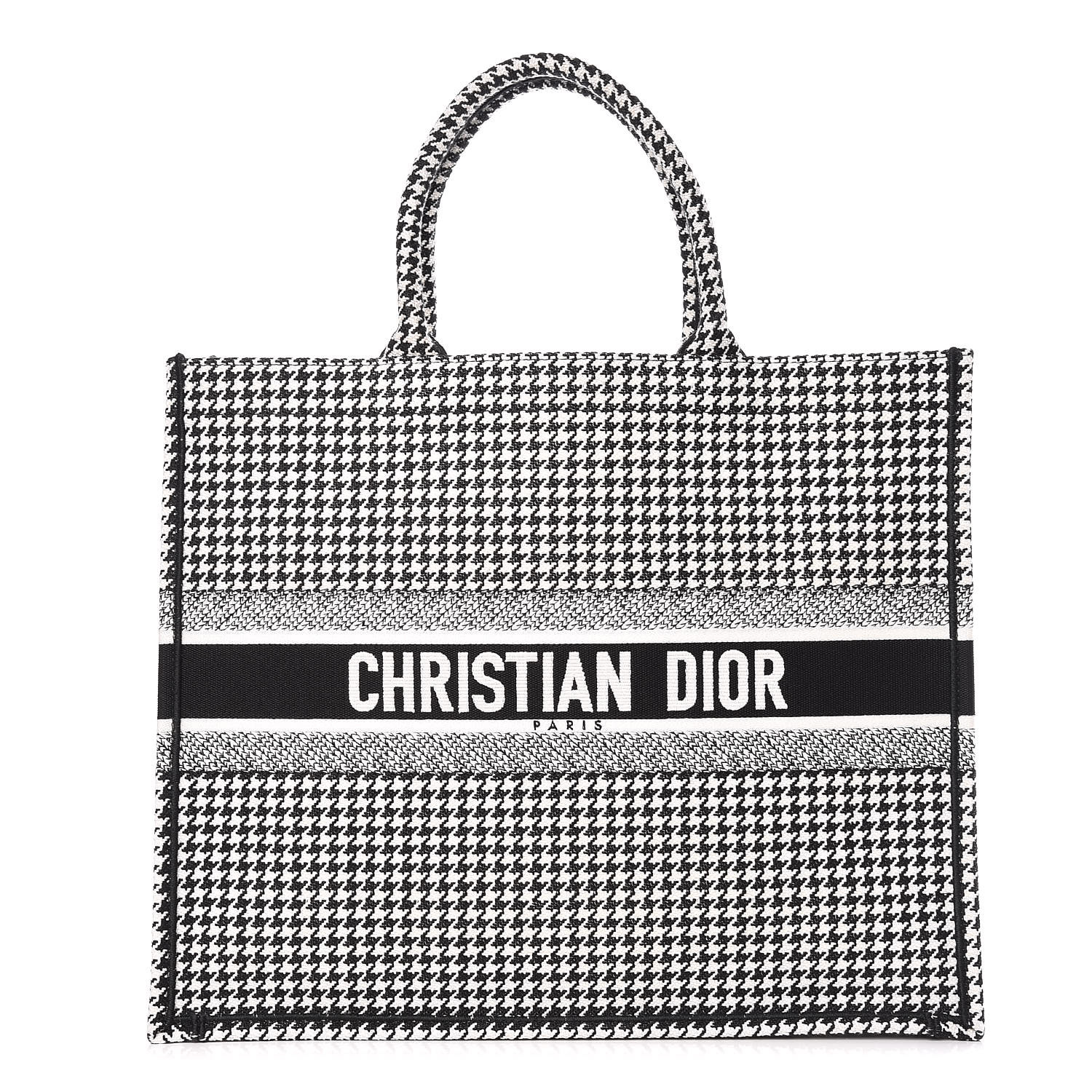 CHRISTIAN DIOR Embroidered Canvas Houndstooth Book Tote Black White 397997