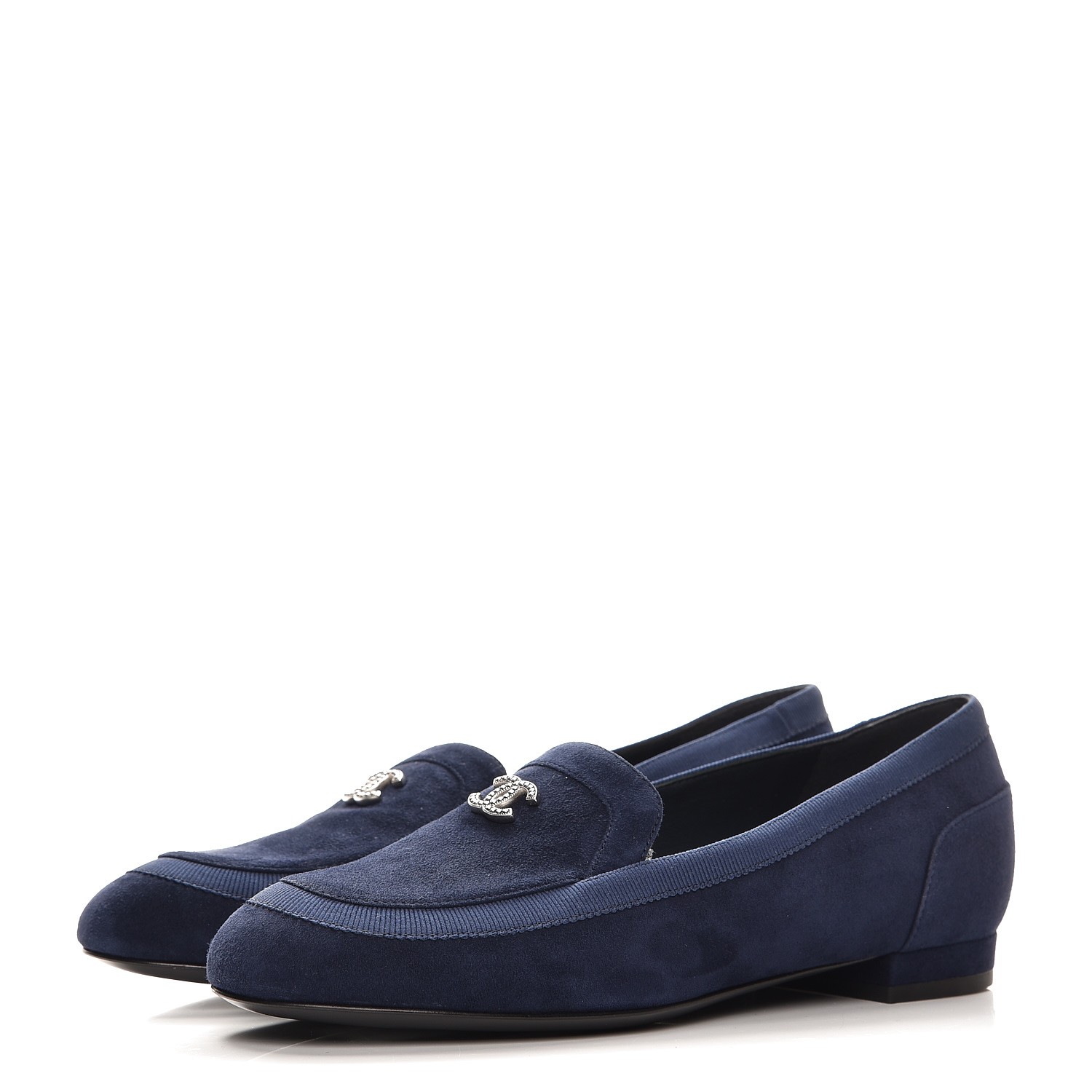 CHANEL Suede CC Loafers 35.5 Navy 223497