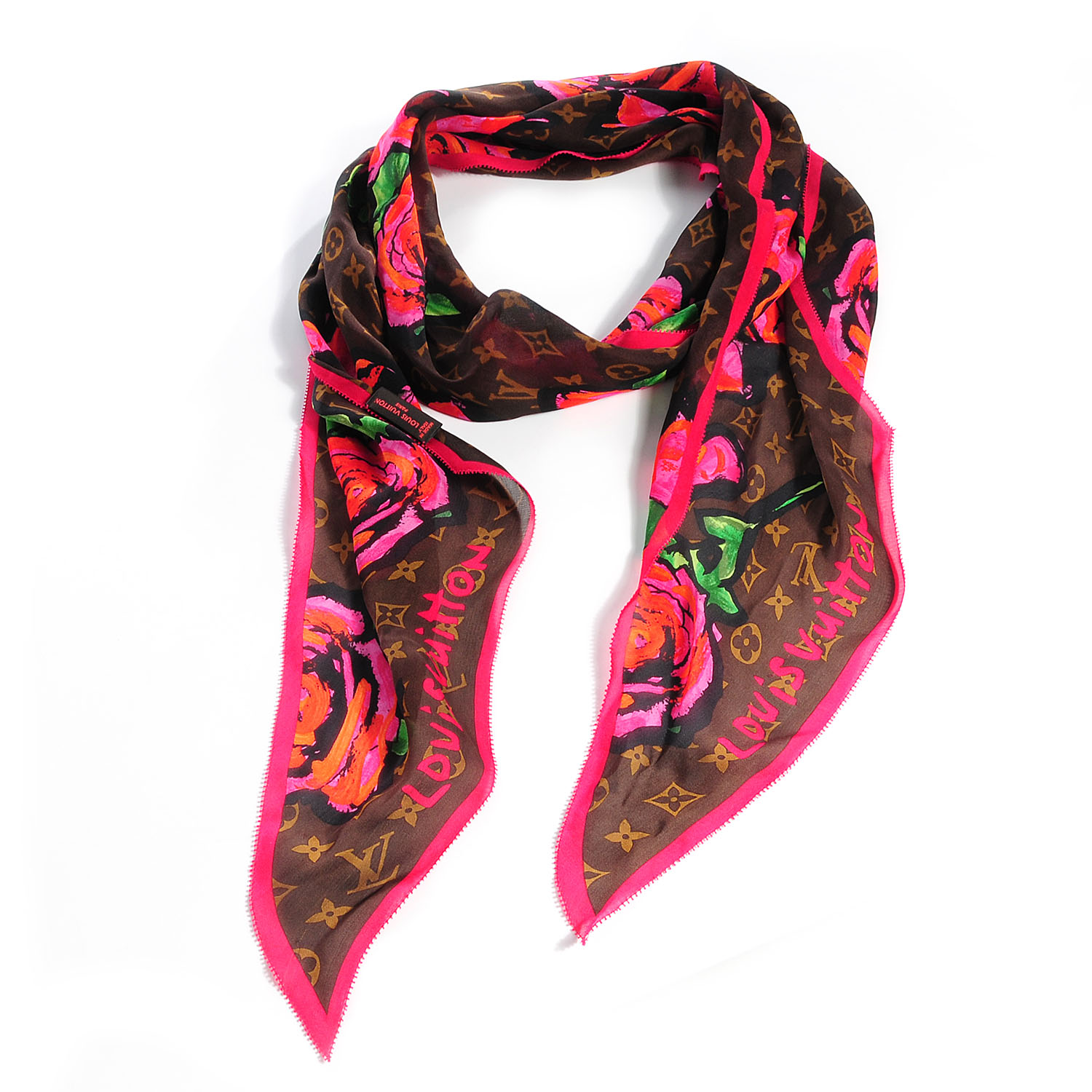 LOUIS VUITTON Monogram Silk Stephen Sprouse Roses Scarf Marron 77235