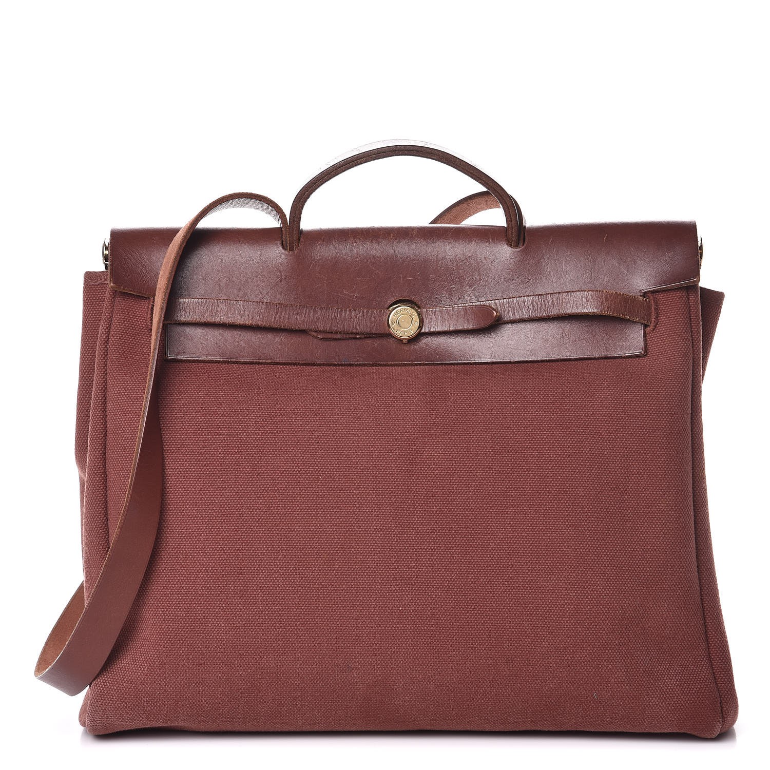 Hermes Toile Calfskin Herbag 39 Gm Rouge H Natural