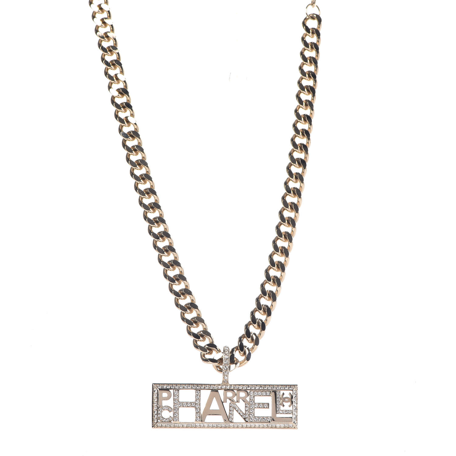 CHANEL x Pharrell Williams Crystal Logo Necklace Gold 392460 | FASHIONPHILE