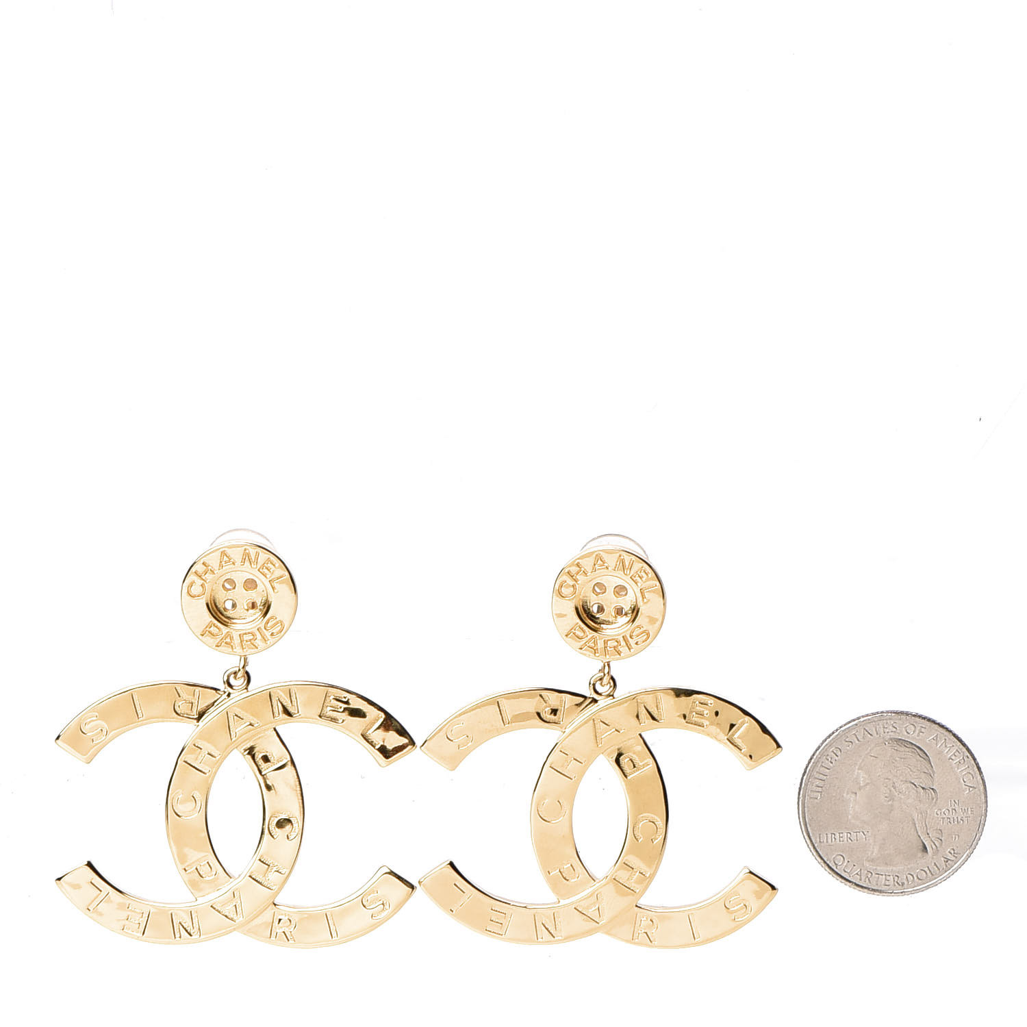 CHANEL Metal Large Paris Button Clip On Earrings Gold 569773 | FASHIONPHILE
