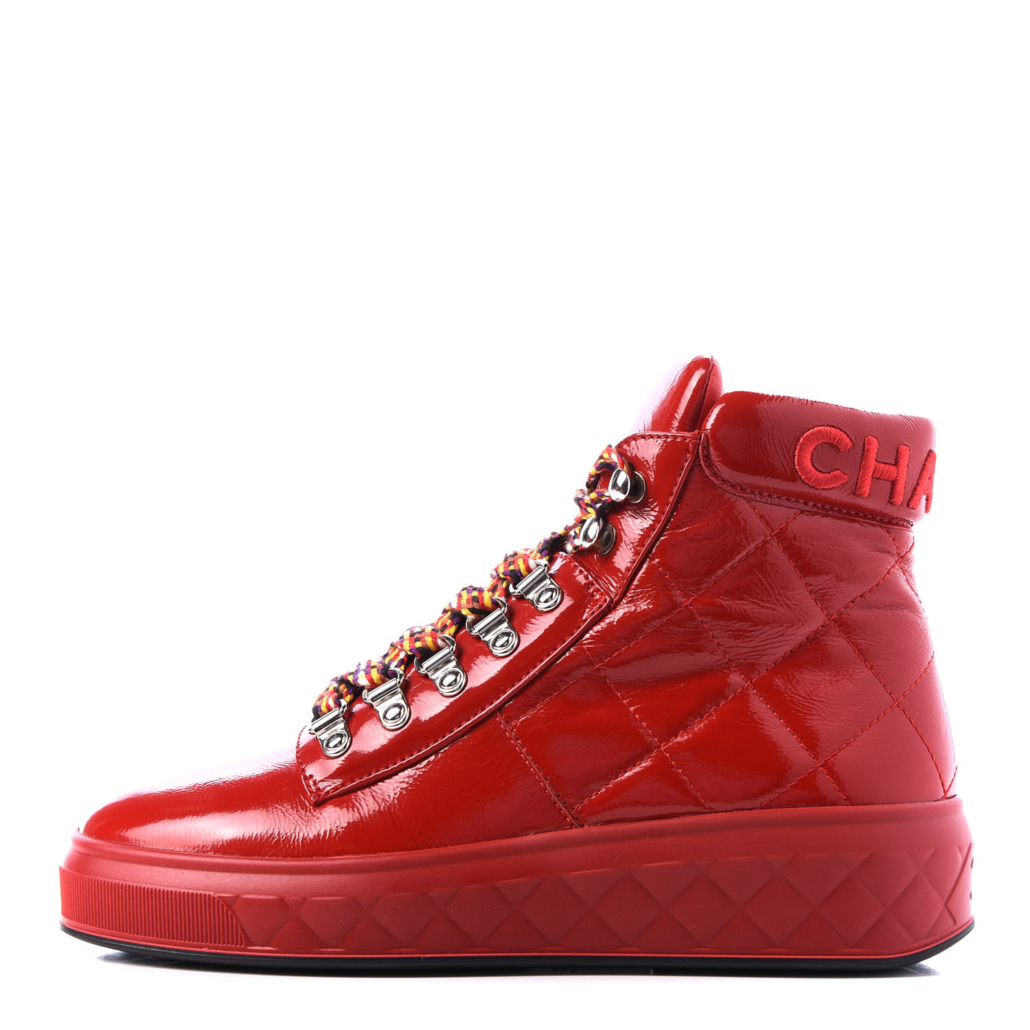 CHANEL Patent Calfskin Quilted Womens High Top Sneakers 36 Red 570476