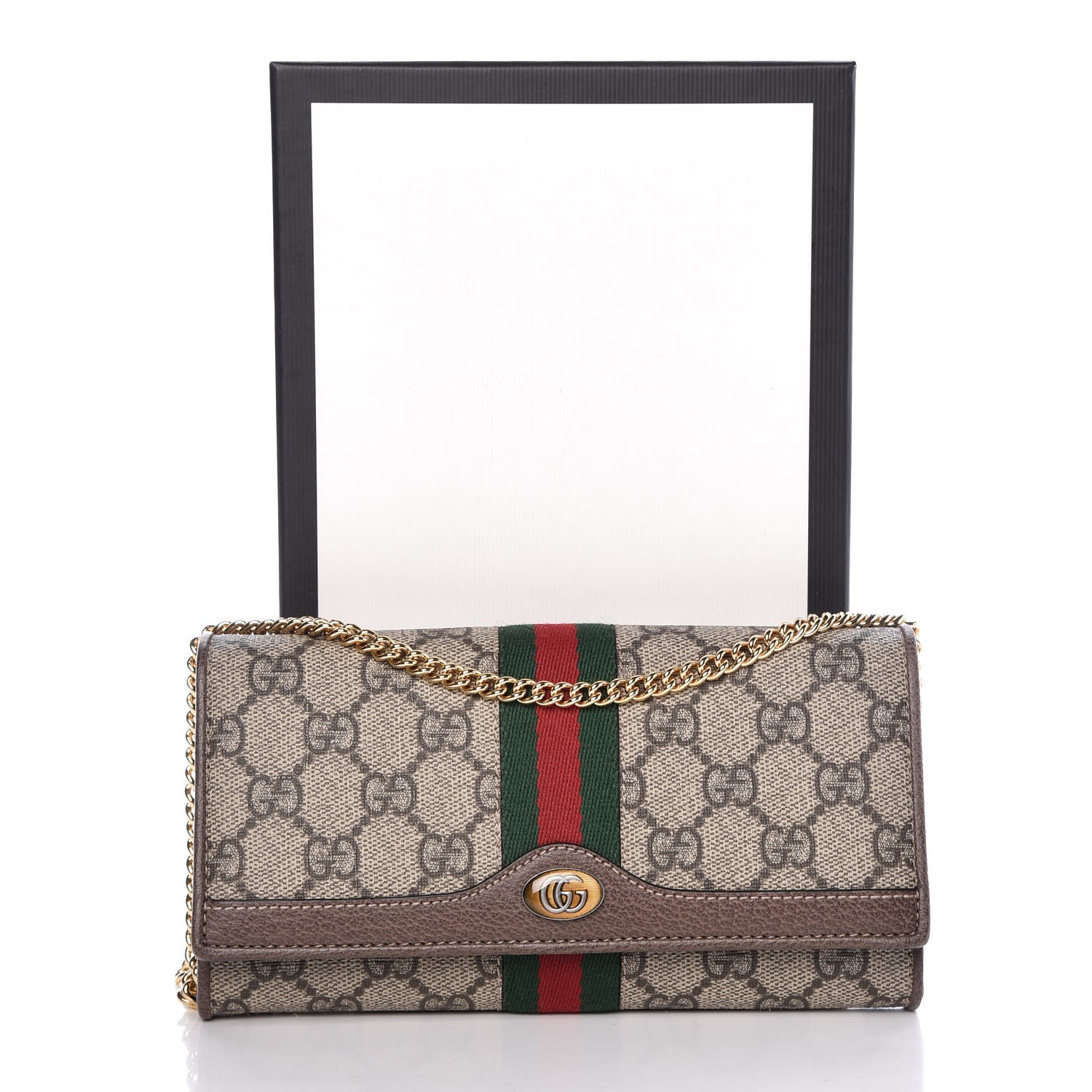 GUCCI GG Supreme Monogram Web Ophidia Wallet On Chain Brown 334190