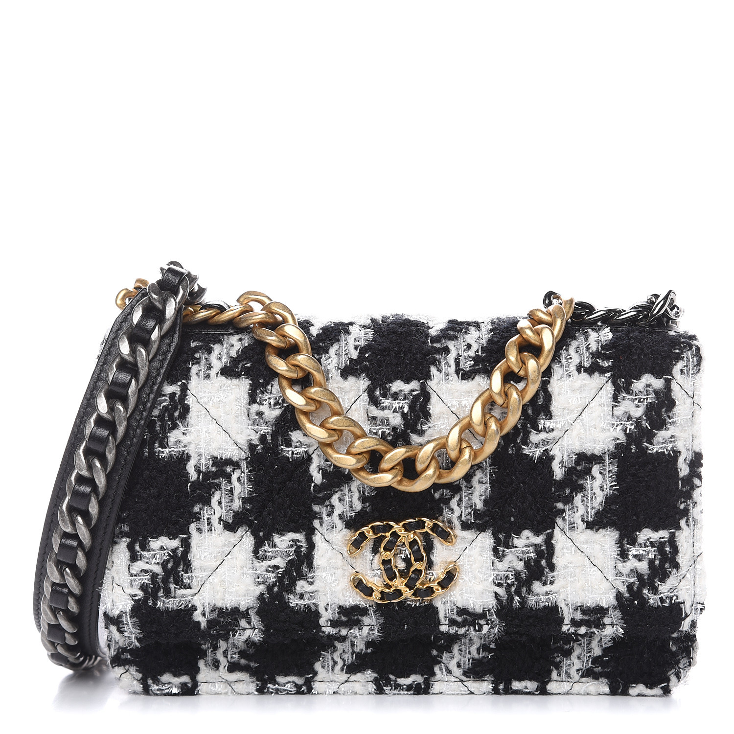 CHANEL Wool Tweed Lambskin Quilted Chanel 19 Wallet On Chain WOC and Coin Purse Black White 481044