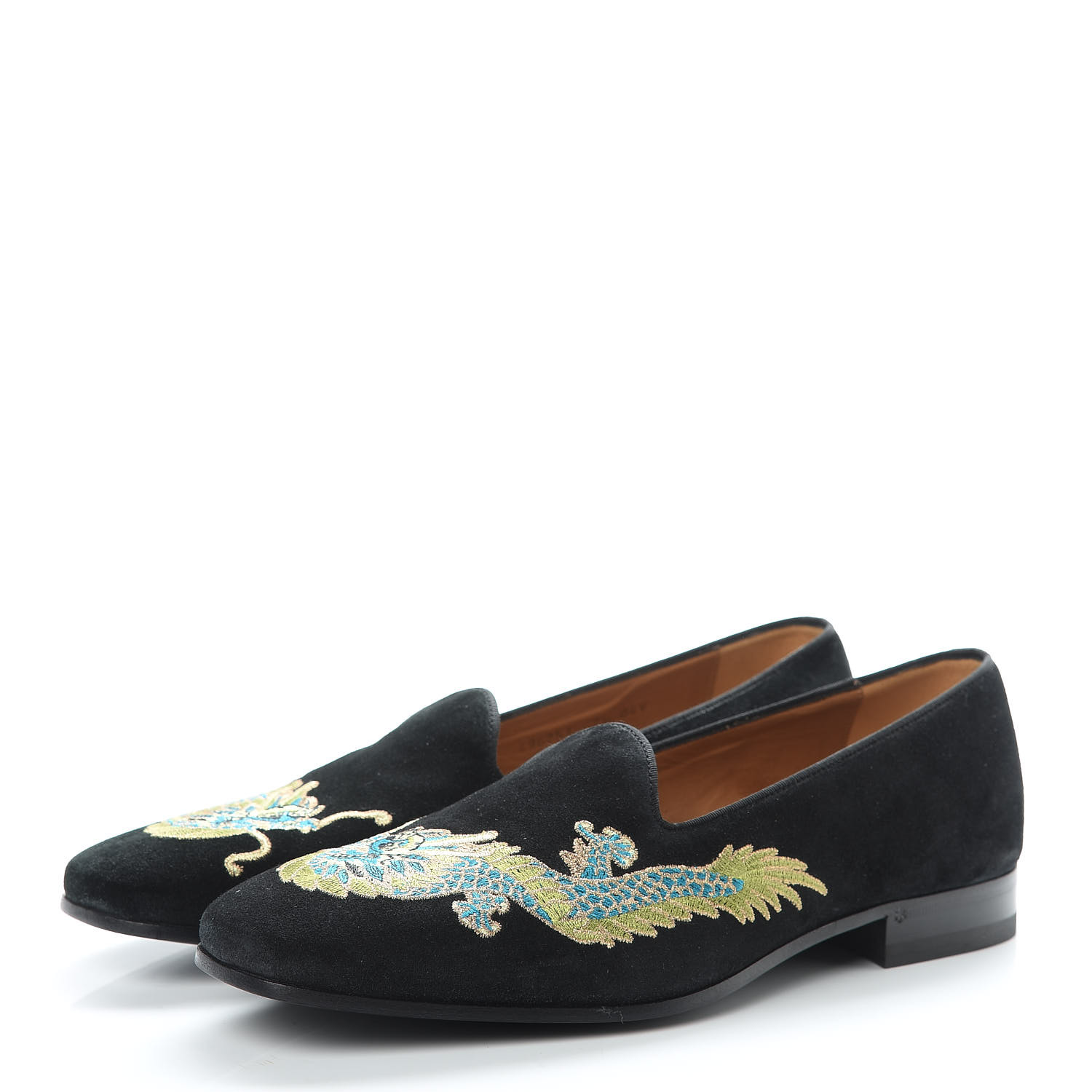GUCCI Suede Mens Dragon Embroidered Loafers 7.5 Black 480249